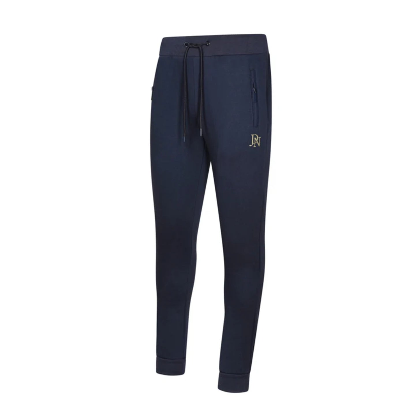 Men's JDN navy blue hoodie tracksuit with gold chest stripes and logo – pullover hoodie and joggers set, casual streetwear