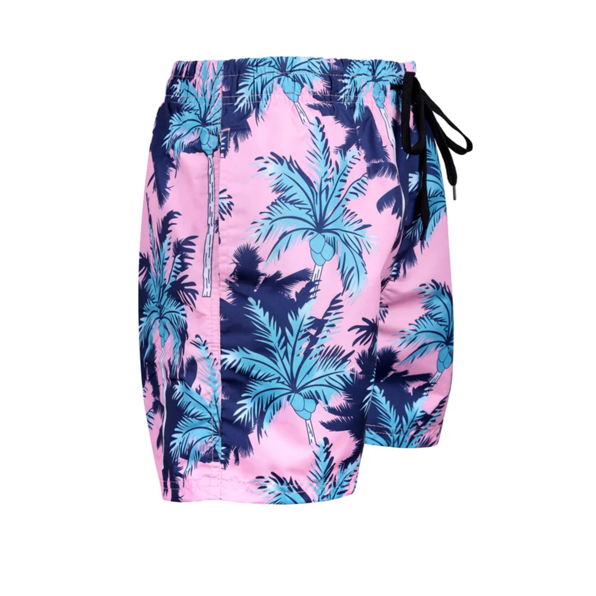 Men's pink tropical swim shorts – blue palm tree print with black drawstring