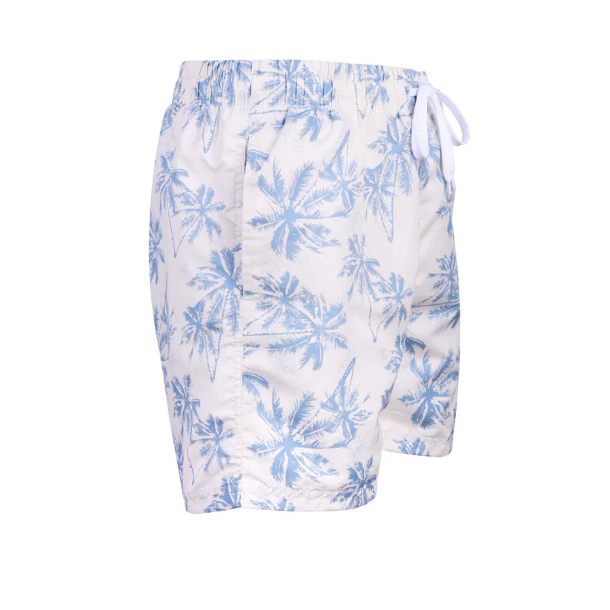 Men's white tropical swim shorts – light blue palm tree print with white drawstring
