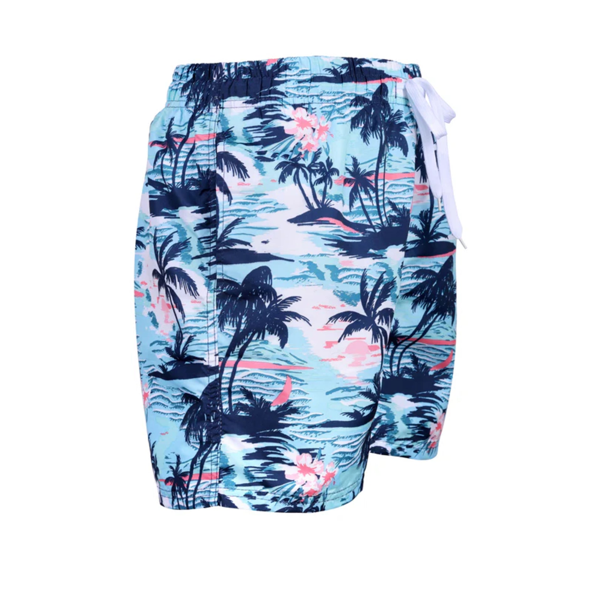 Men's tropical print swim shorts – light blue with palm tree and floral design