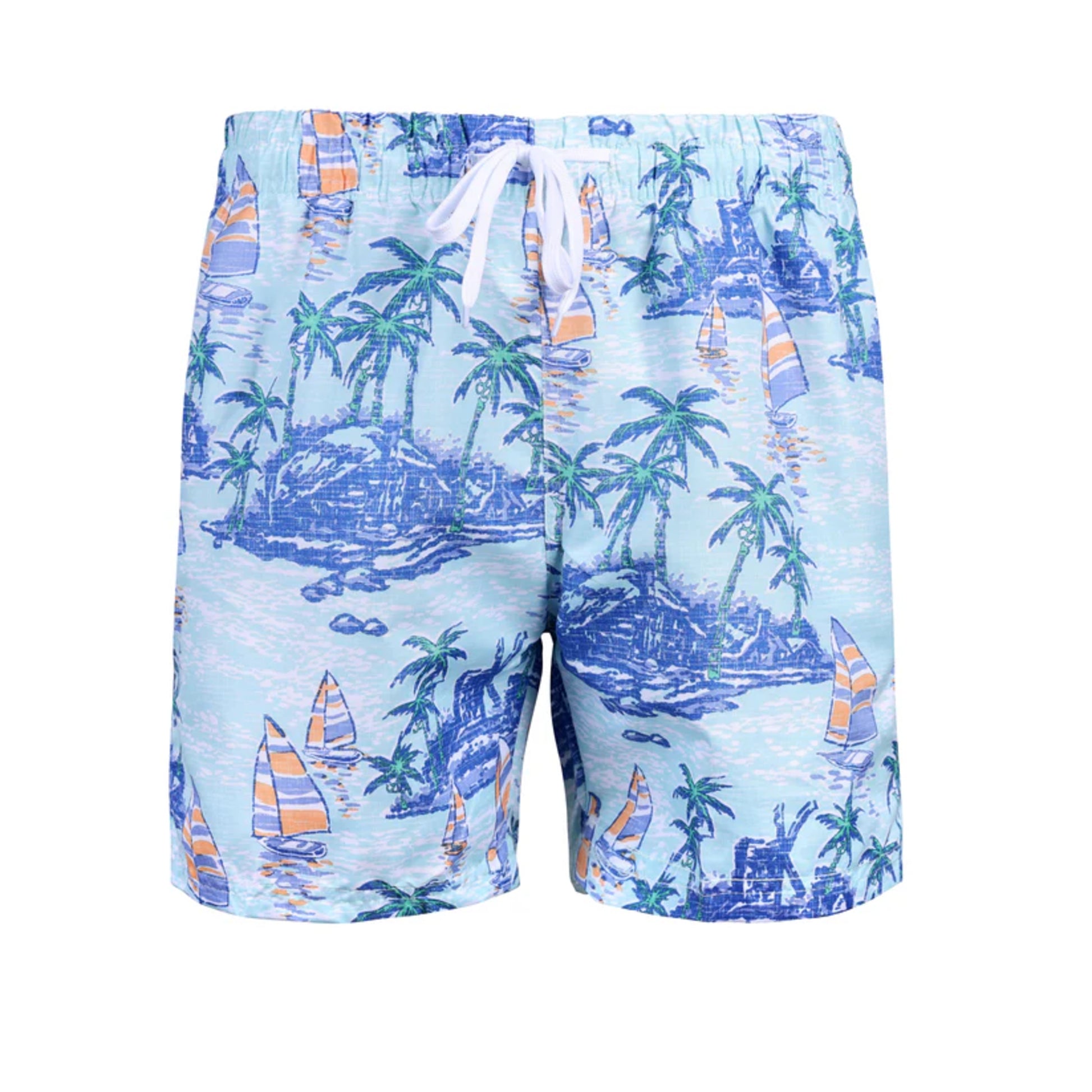 Men's light blue tropical swim shorts – island and sailboat print with white drawstring