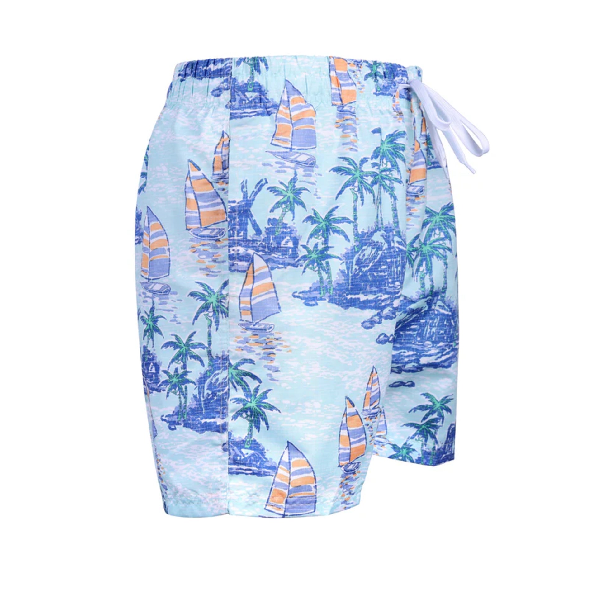 Men's light blue tropical swim shorts – island and sailboat print with white drawstring