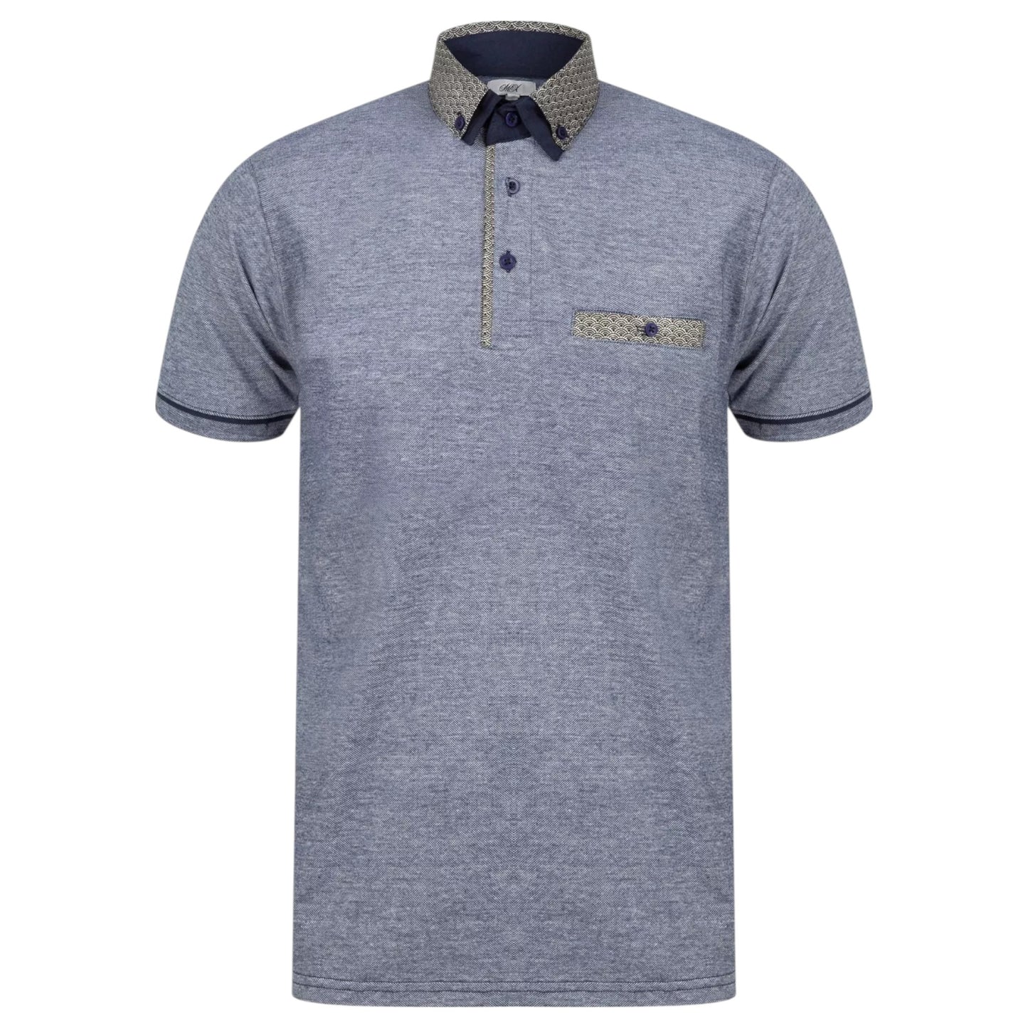 Men’s navy blue contrast collar polo shirt with patterned trim and short sleeves – smart casual cotton top.