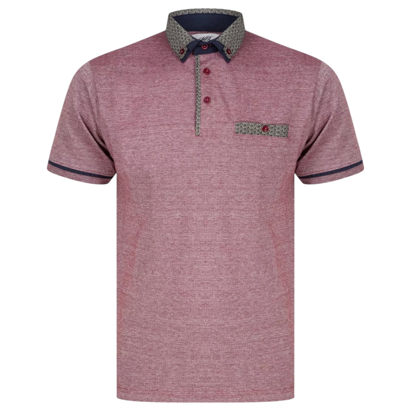 Men’s red, burgundy, maroon contrast collar polo shirt with patterned trim and short sleeves – smart casual cotton top.