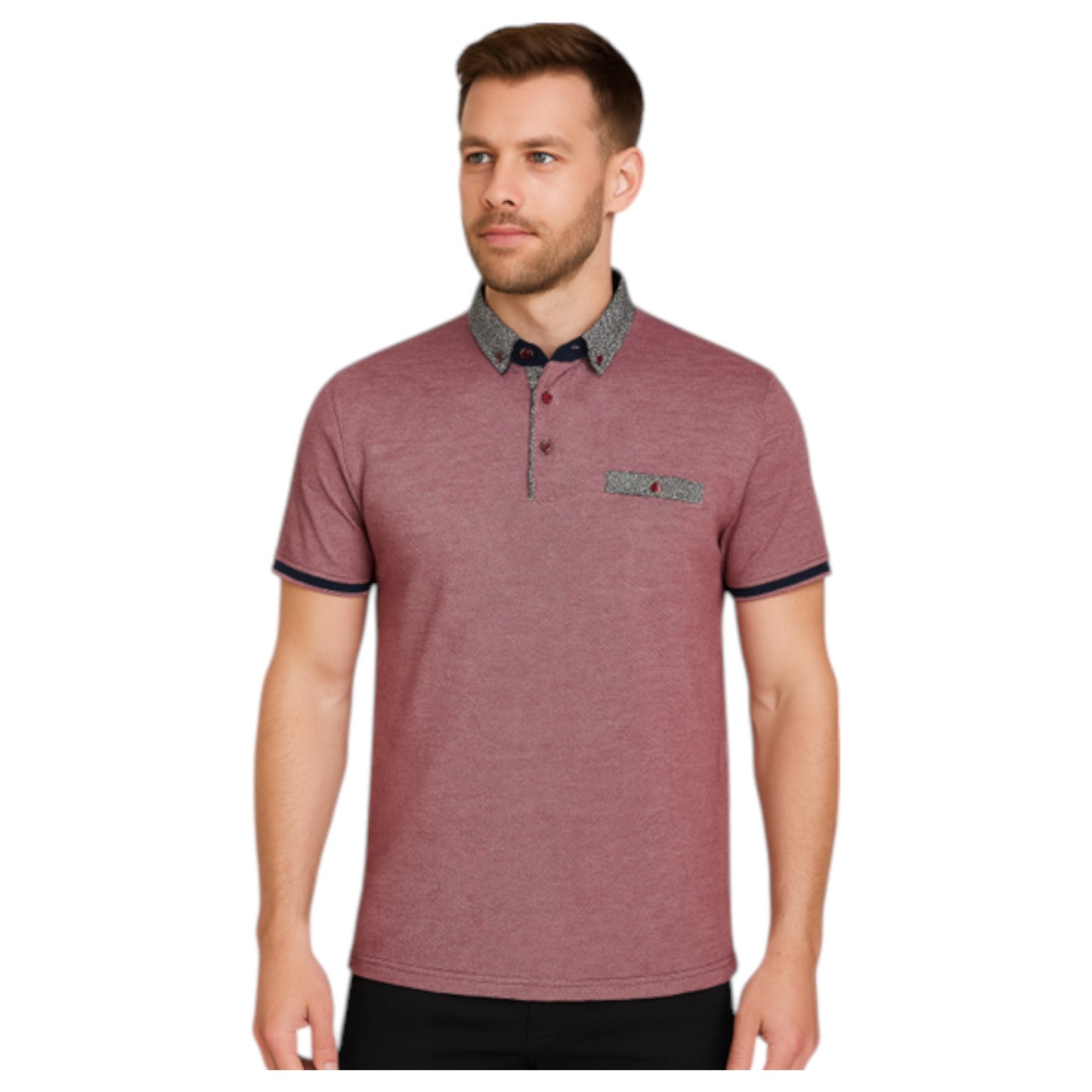 Men’s red, burgundy, maroon contrast collar polo shirt with patterned trim and short sleeves – smart casual cotton top.