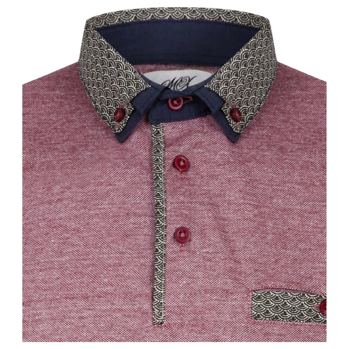 Men’s red, burgundy, maroon contrast collar polo shirt with patterned trim and short sleeves – smart casual cotton top.