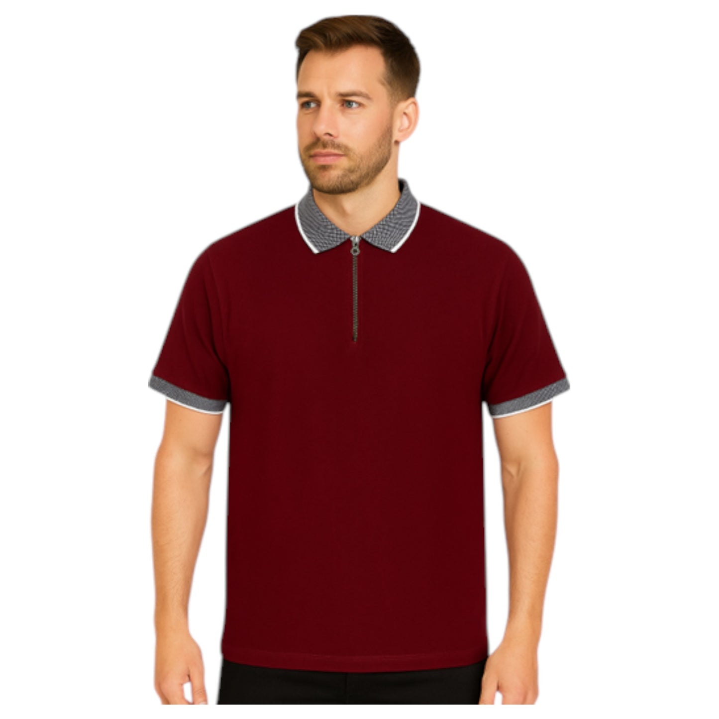 Mens Maroon Zip Neck Polo Top