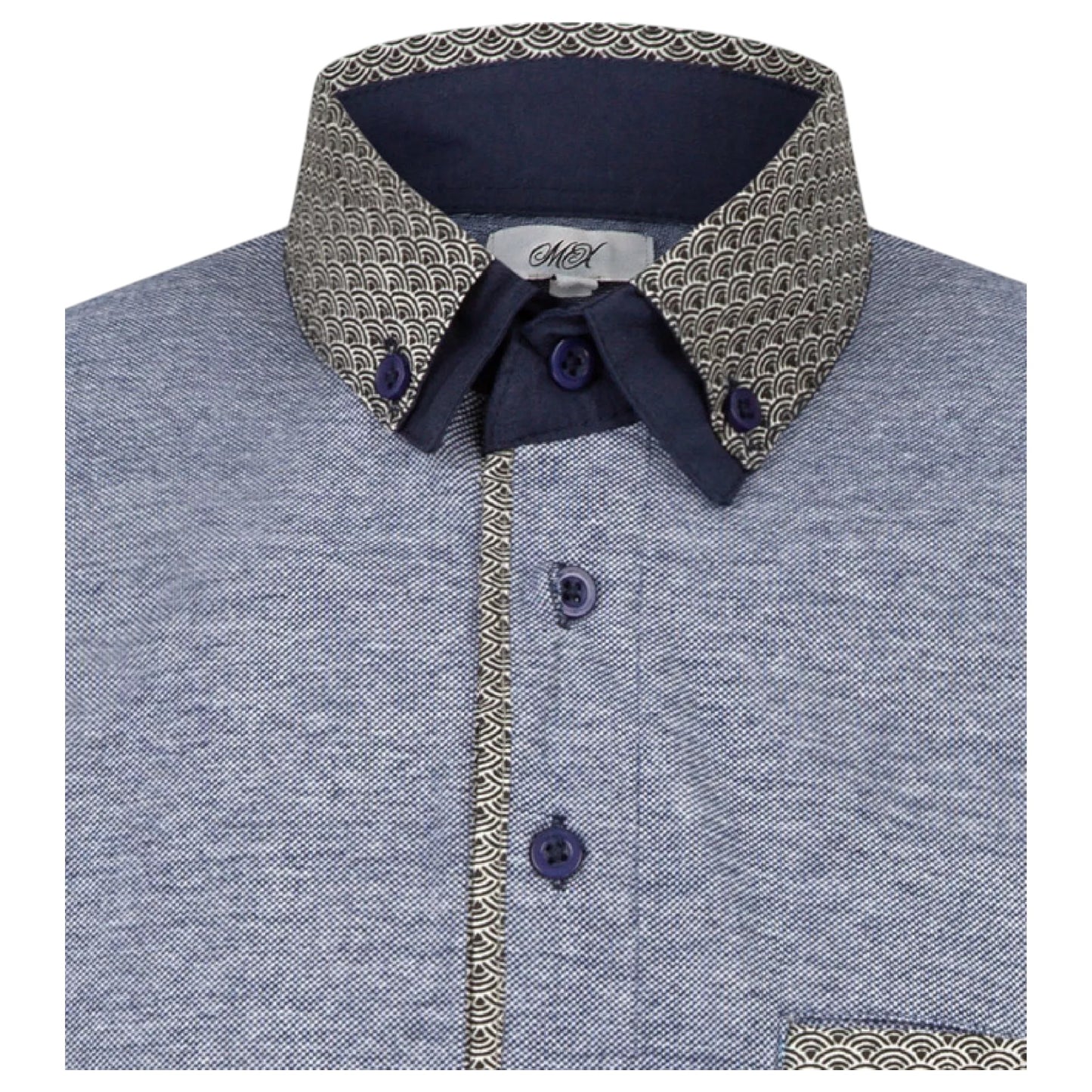 Men’s navy blue contrast collar polo shirt with patterned trim and short sleeves – smart casual cotton top.