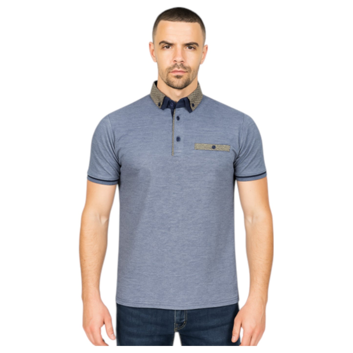 Men’s navy blue contrast collar polo shirt with patterned trim and short sleeves – smart casual cotton top.