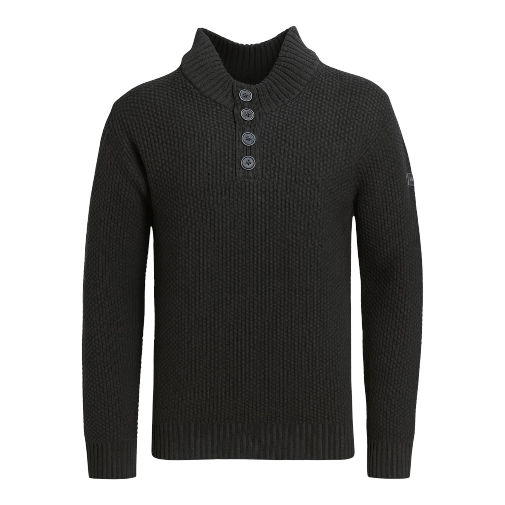 Firetrap men’s black funnel neck jumper with button placket – ex store knit pullover