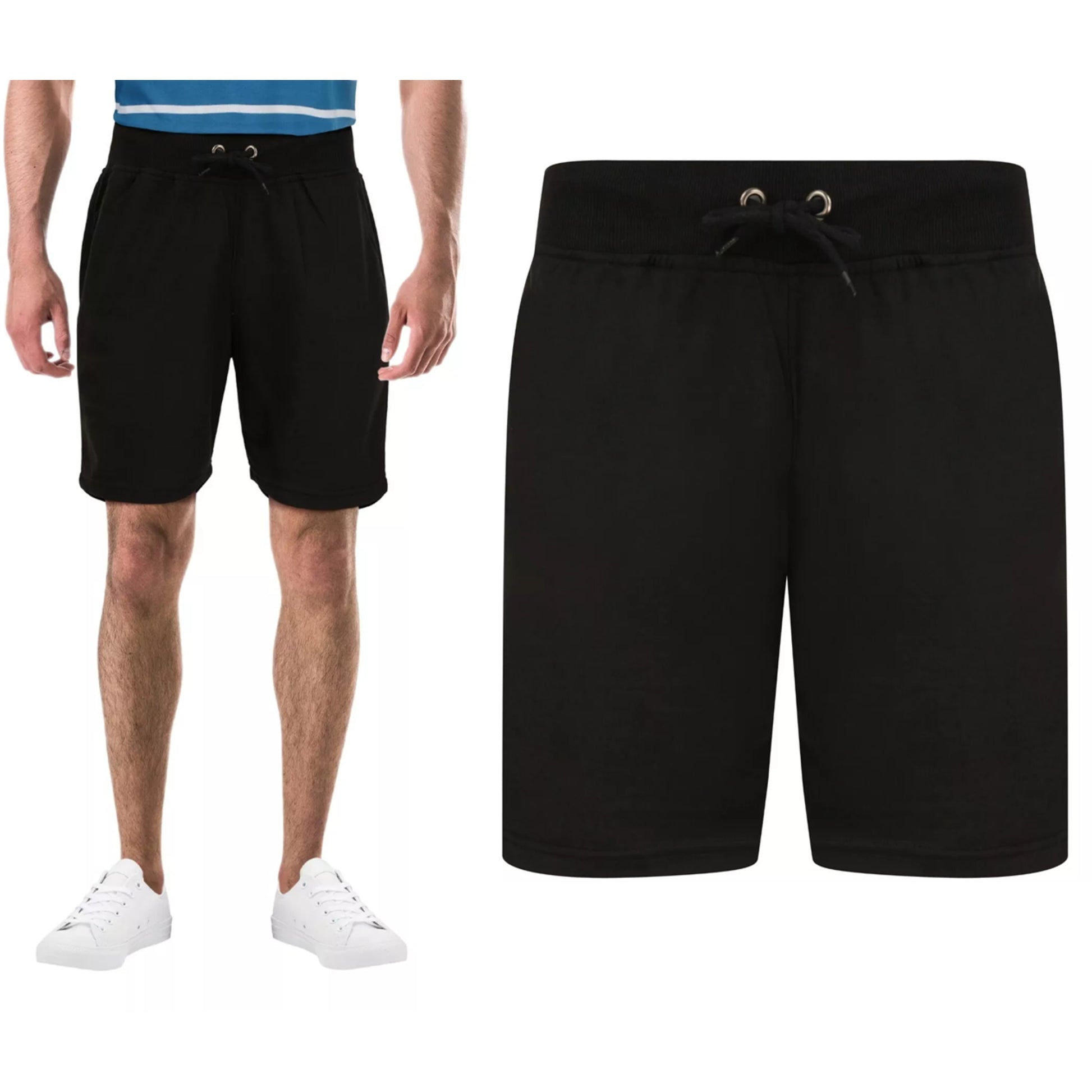 Men's Black jersey sweat shorts with adjustable drawstring waistband and secure zip pockets