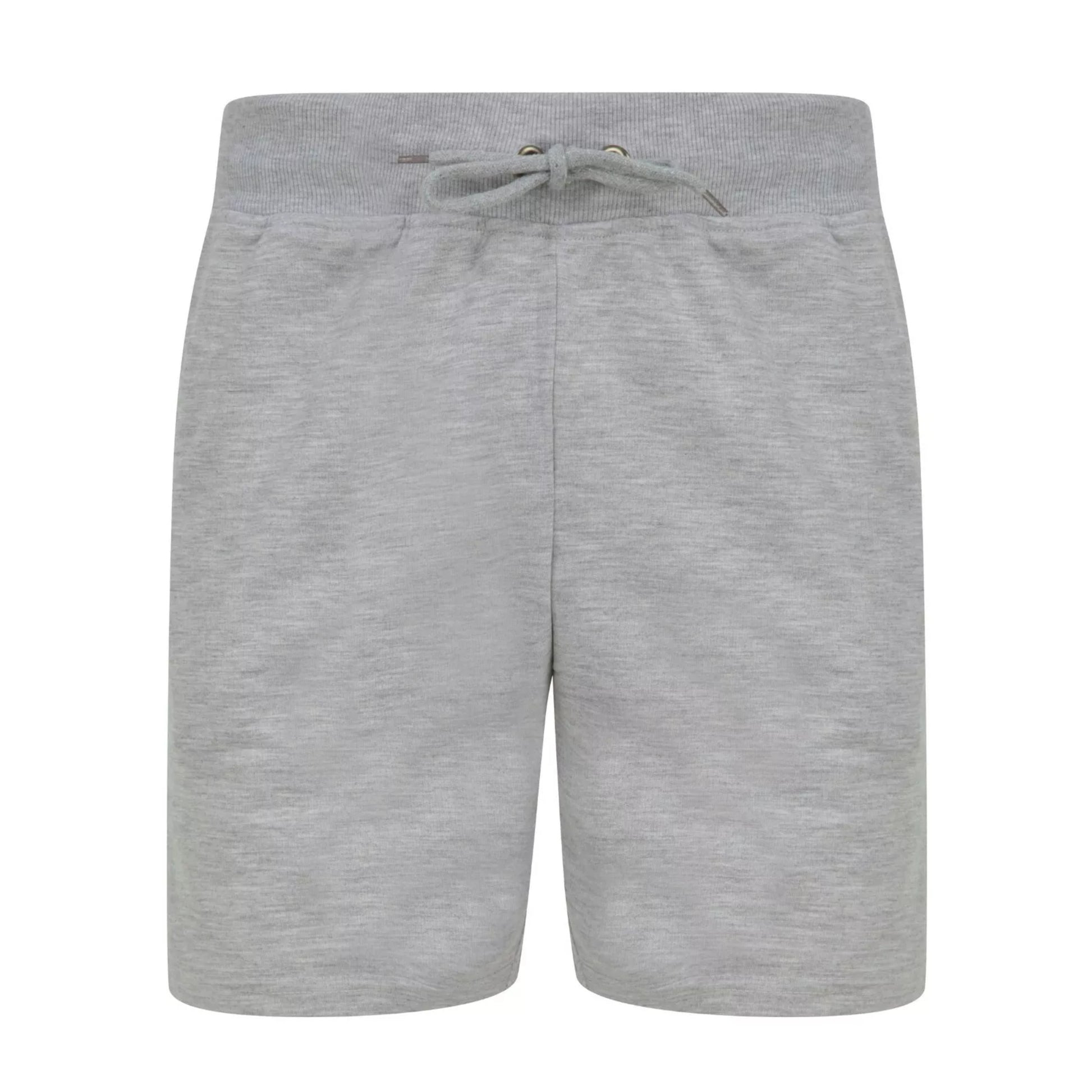 Men's Grey jersey sweat shorts with adjustable drawstring waistband and secure zip pockets