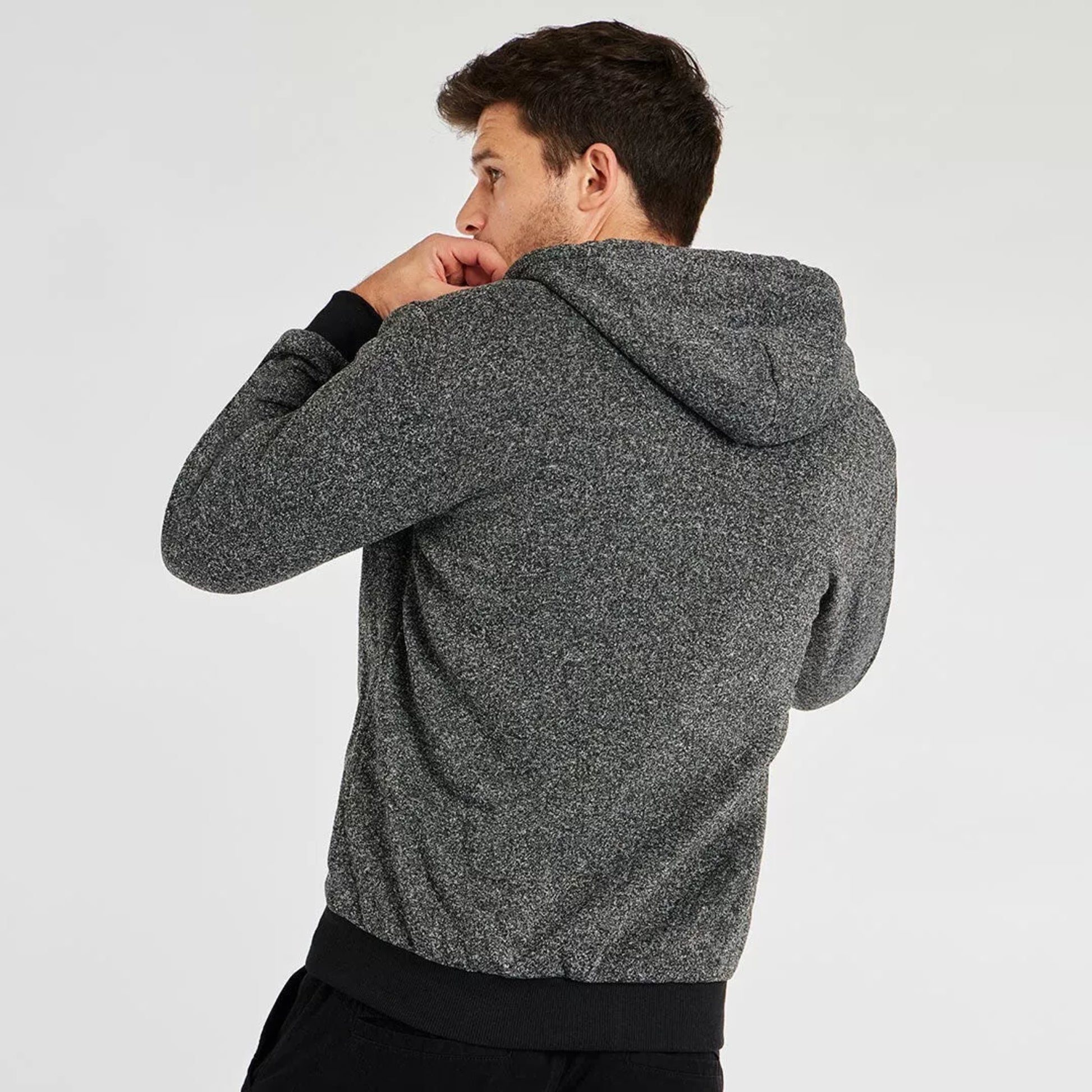 Men's fleece lined zip up hoodie in dark charcoal grey / black with black cuffs and drawstrings