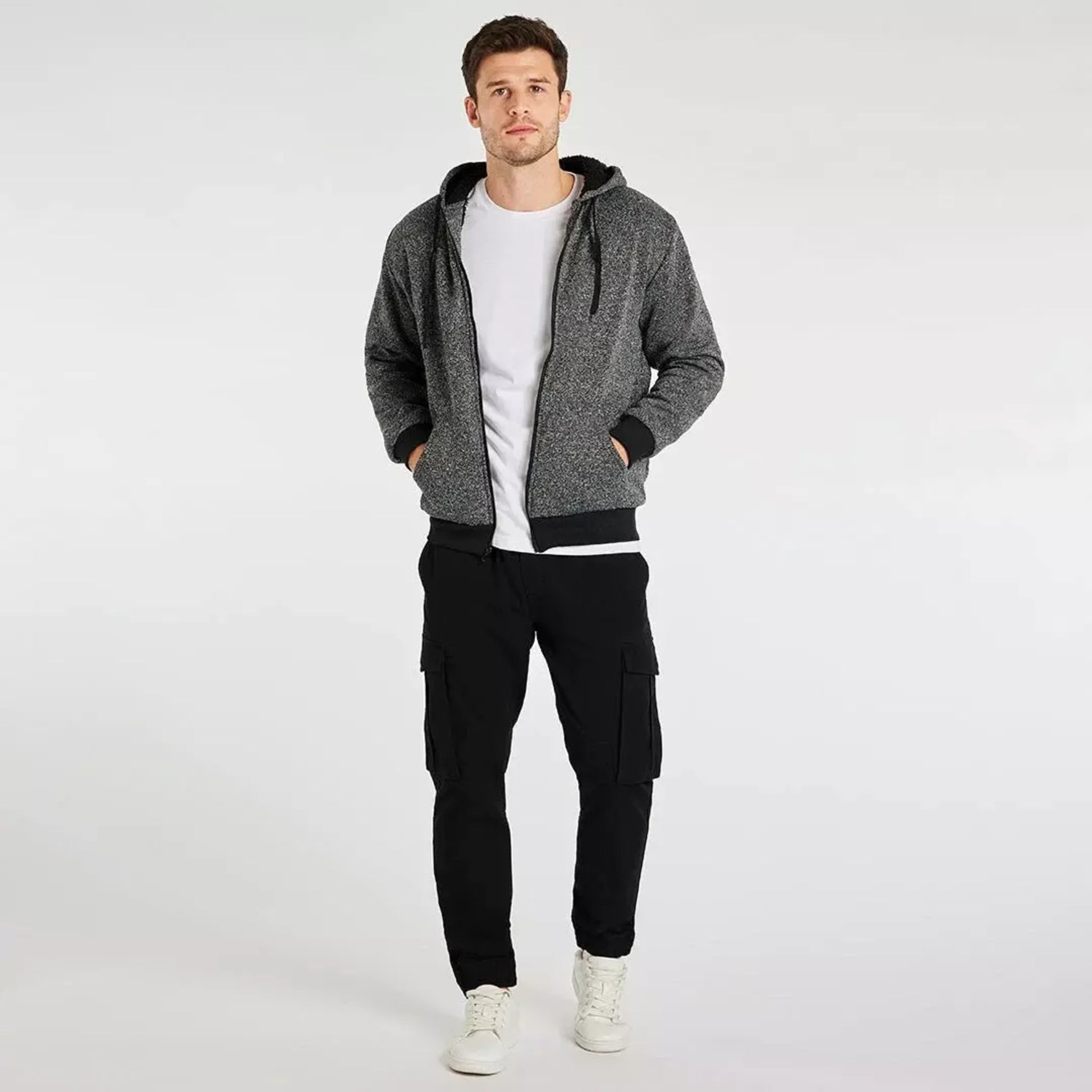 Men's fleece lined zip up hoodie in dark charcoal grey / black with black cuffs and drawstrings