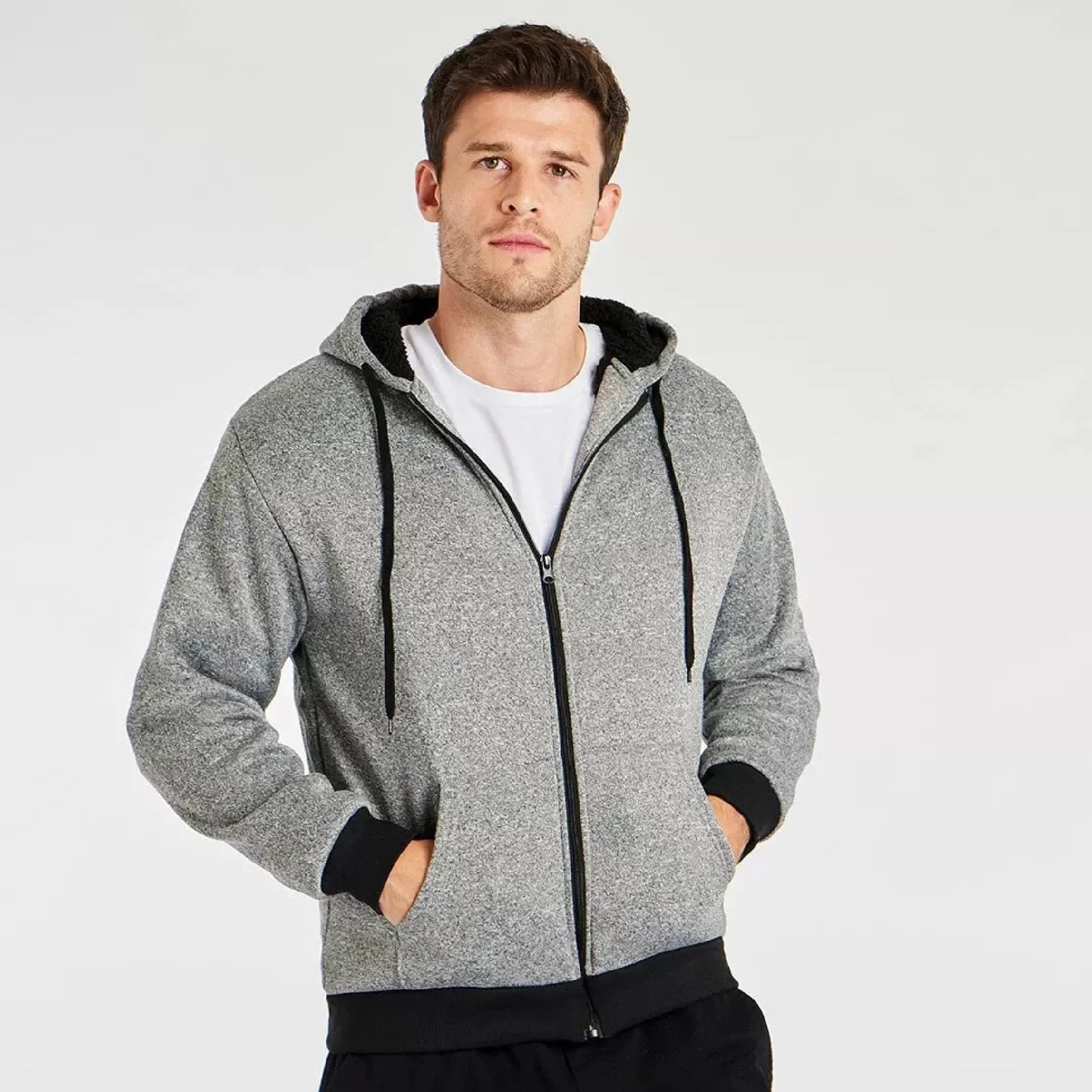 Men's fleece lined zip up hoodie in light grey with black cuffs and drawstrings
