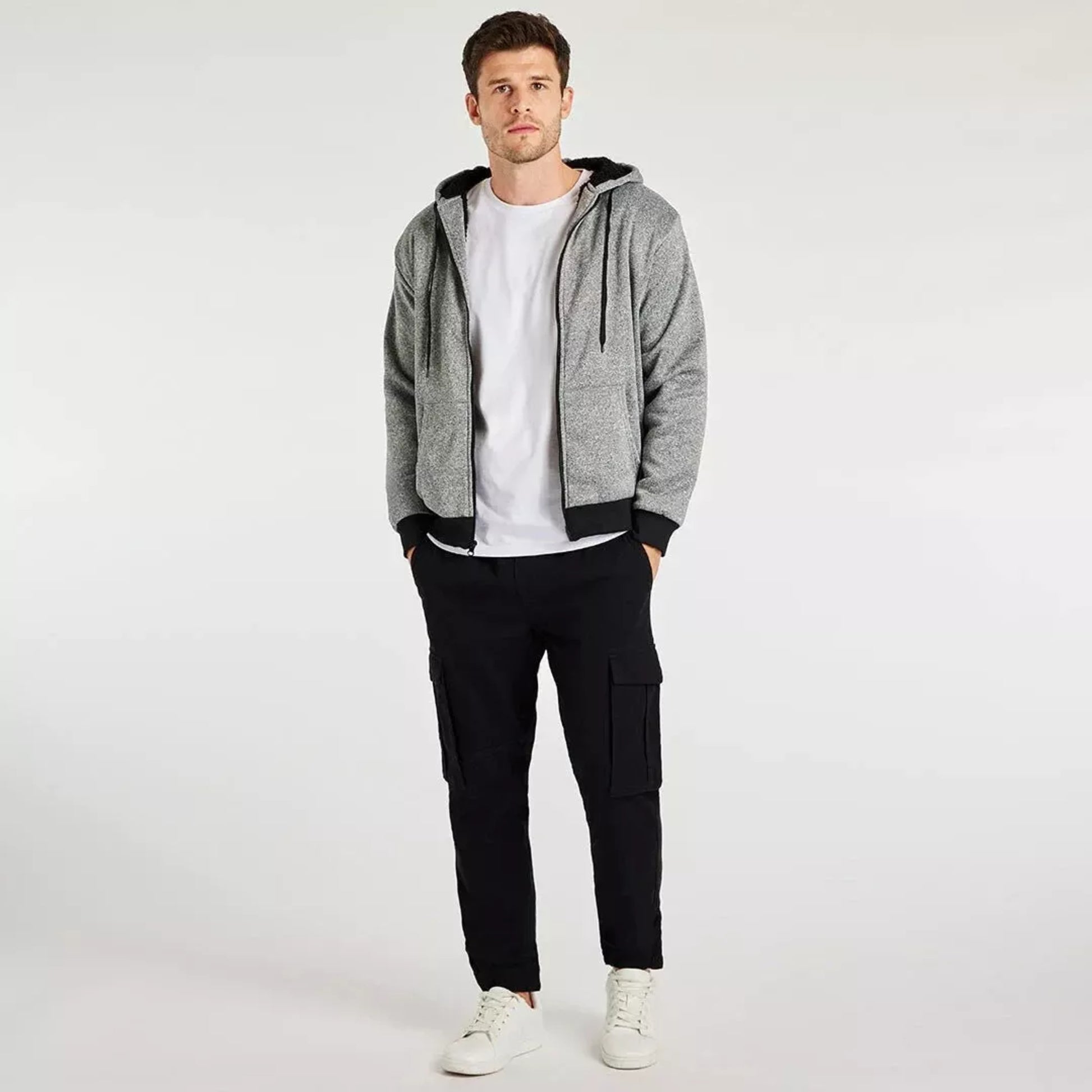 Men's fleece lined zip up hoodie in light grey with black cuffs and drawstrings