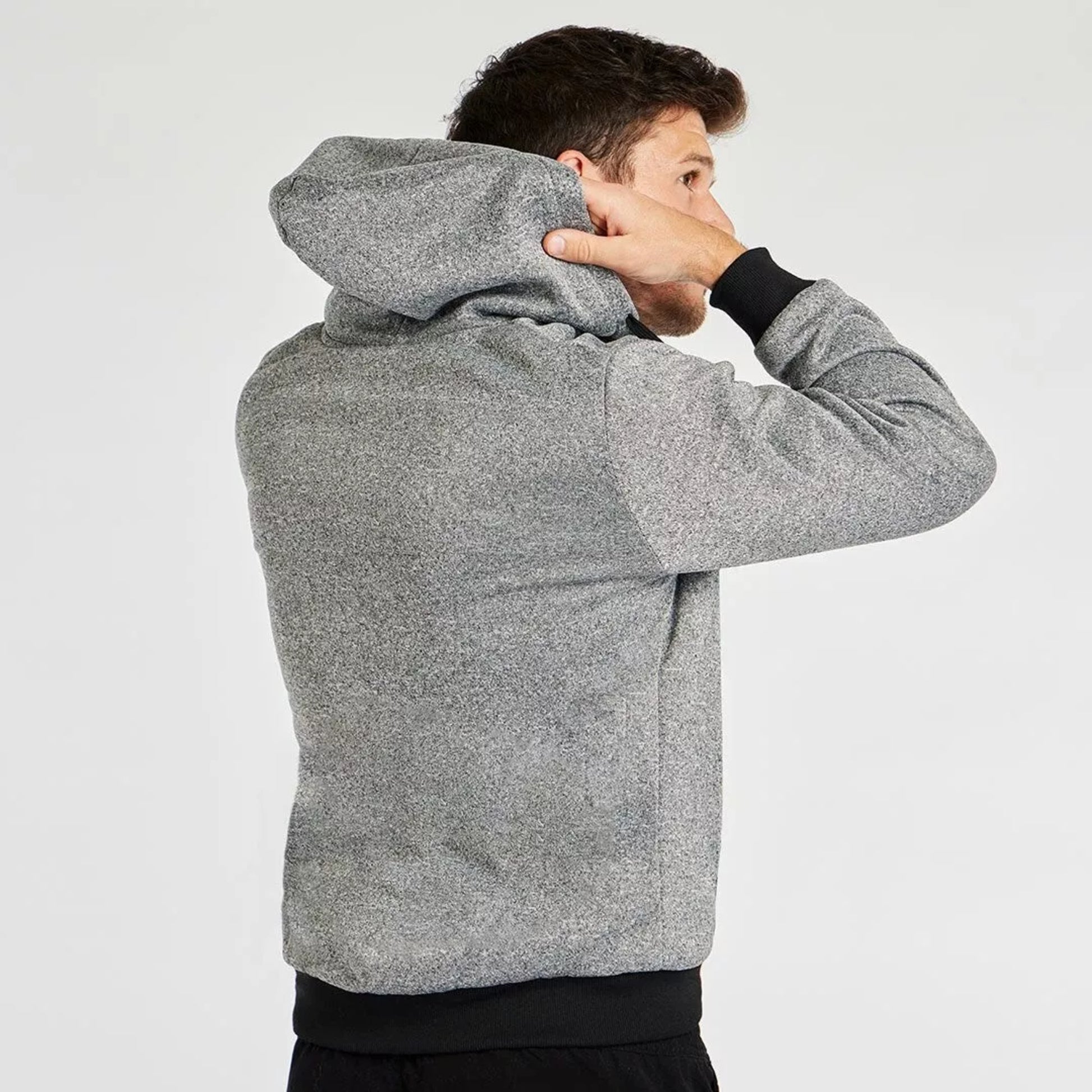 Men's fleece lined zip up hoodie in light grey with black cuffs and drawstrings
