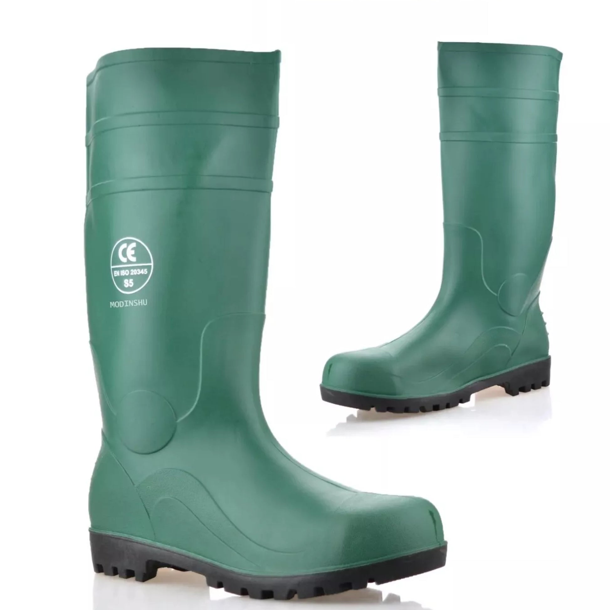 Men's green steel toe cap wellington boots with slip-resistant sole, waterproof safety work wellies