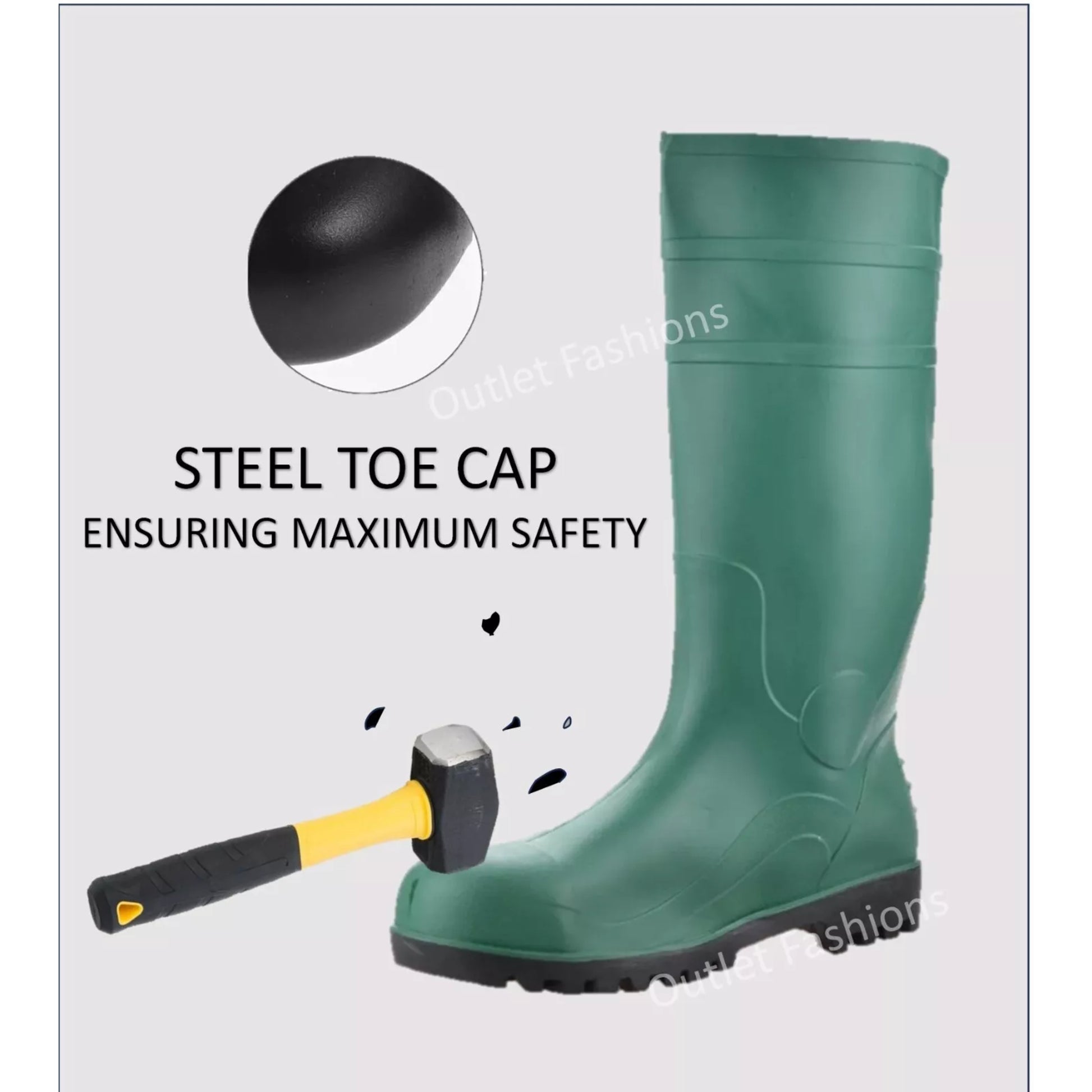 Men's green steel toe cap wellington boots with slip-resistant sole, waterproof safety work wellies