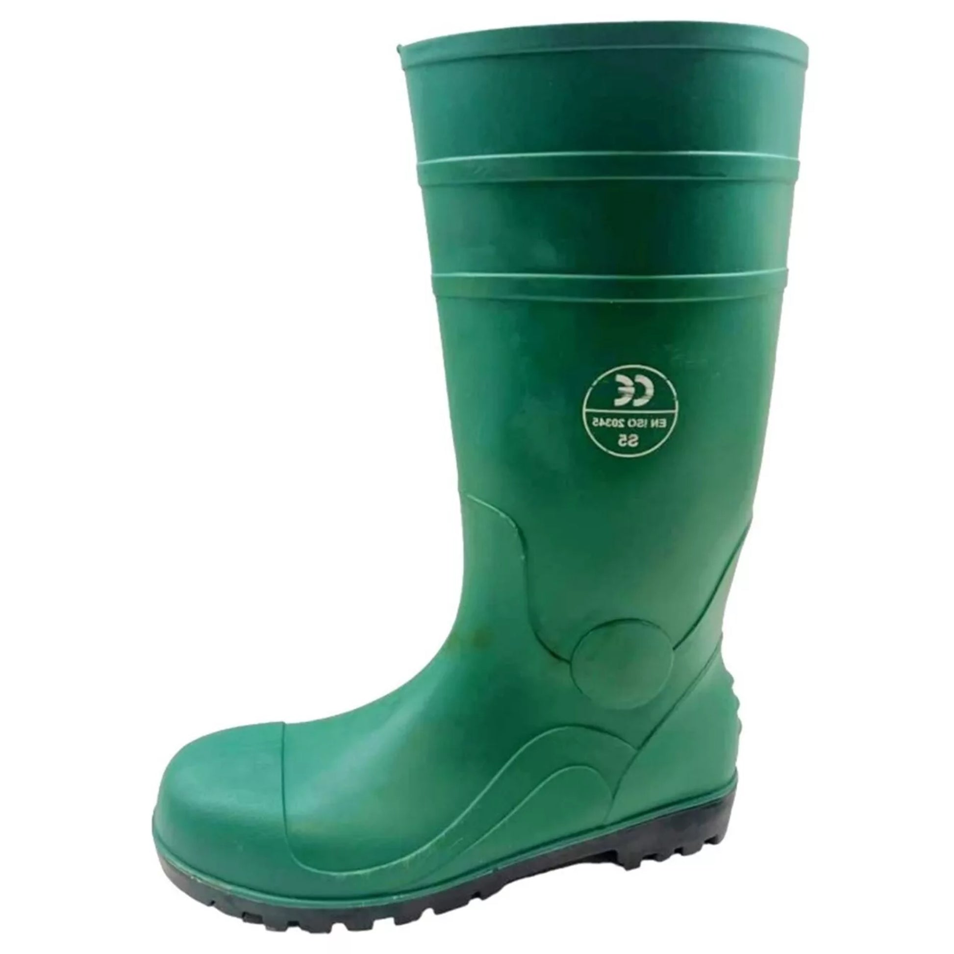 Men's green steel toe cap wellington boots with slip-resistant sole, waterproof safety work wellies