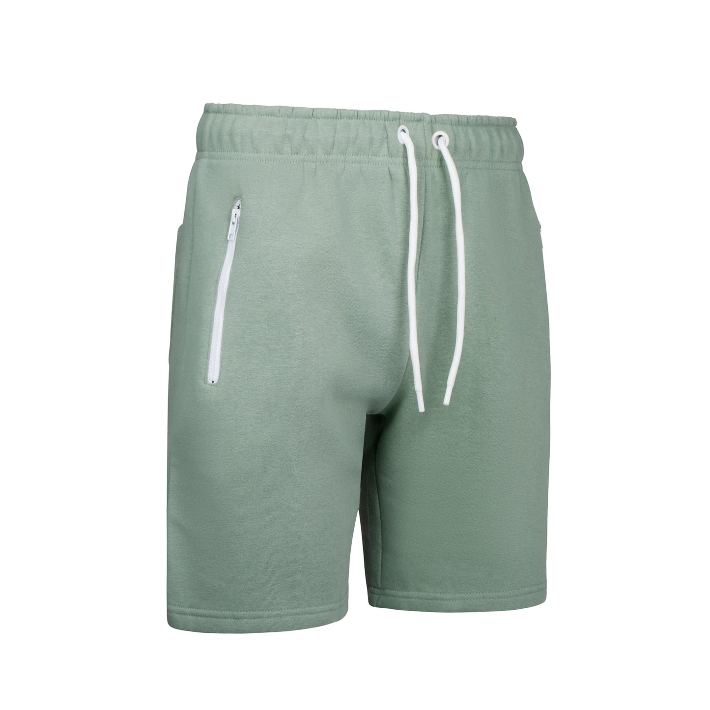 Men's high-quality lilypad green jersey shorts with elastic waistband, white drawstring, and zip pockets ā casual athletic summer shorts