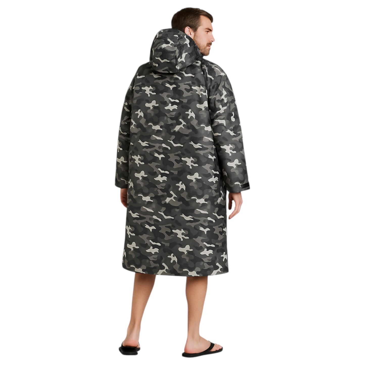 Adult grey camouflage waterproof changing robe with hood, front zip, and long sleeves