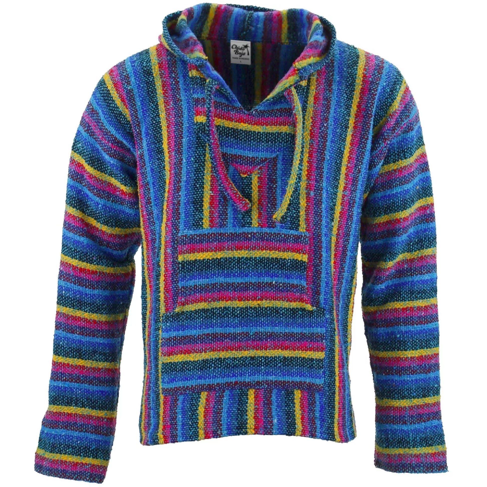 Vibrant Mexican Baja hoodie with multicolour striped pattern jumper, pullover style with front pocket and hood