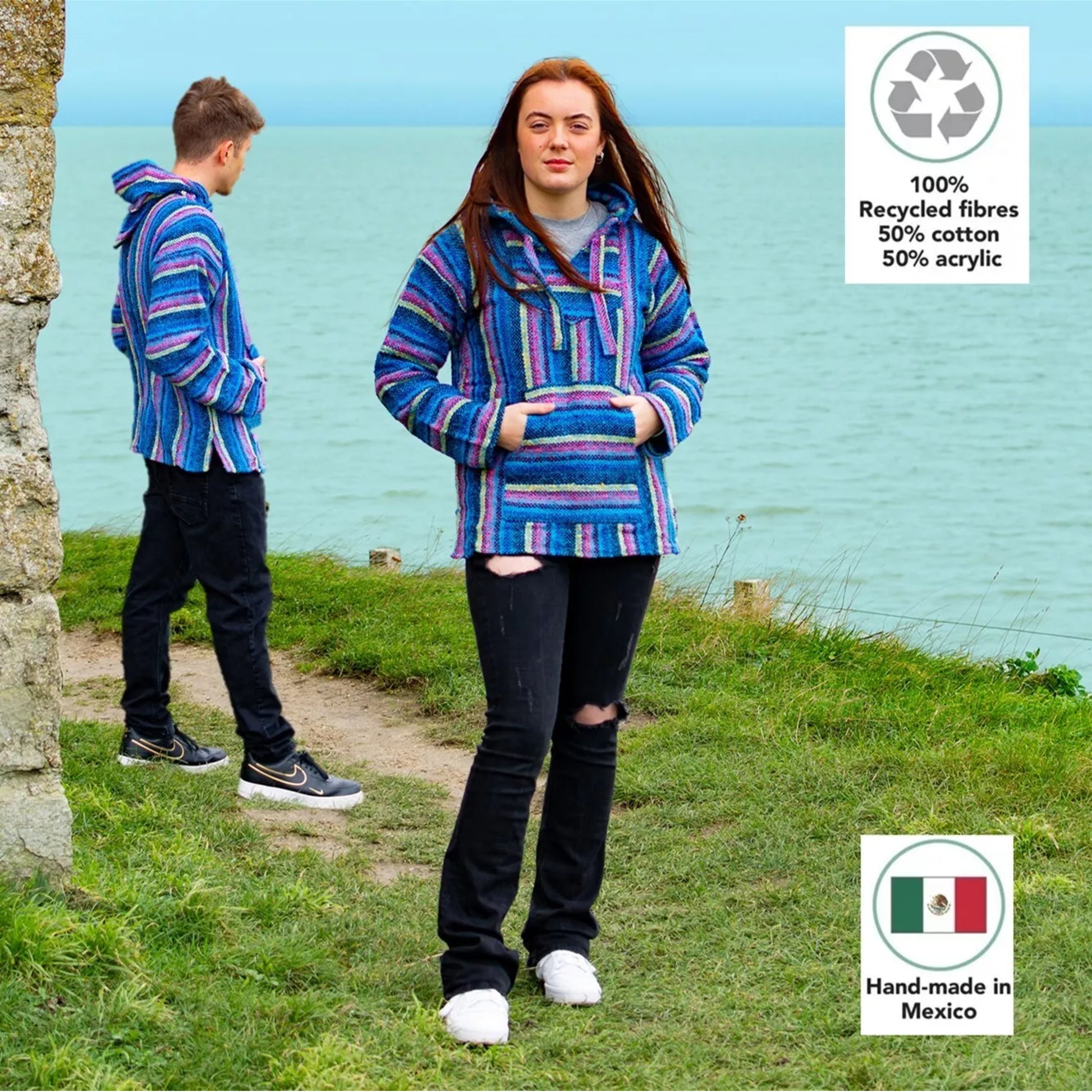 Vibrant Mexican Baja hoodie with multicolour striped pattern jumper, pullover style with front pocket and hood