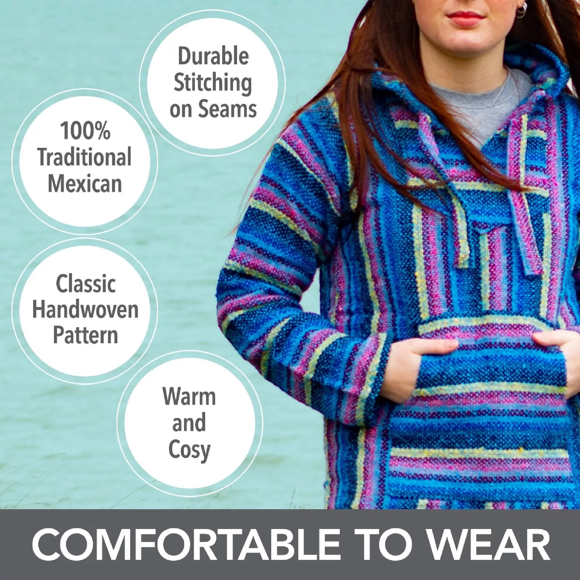 Vibrant Mexican Baja hoodie with multicolour striped pattern jumper, pullover style with front pocket and hood