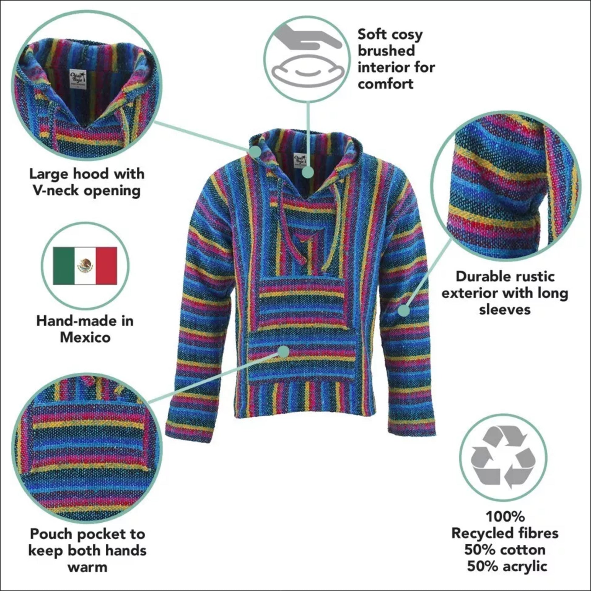 Vibrant Mexican Baja hoodie with multicolour striped pattern jumper, pullover style with front pocket and hood