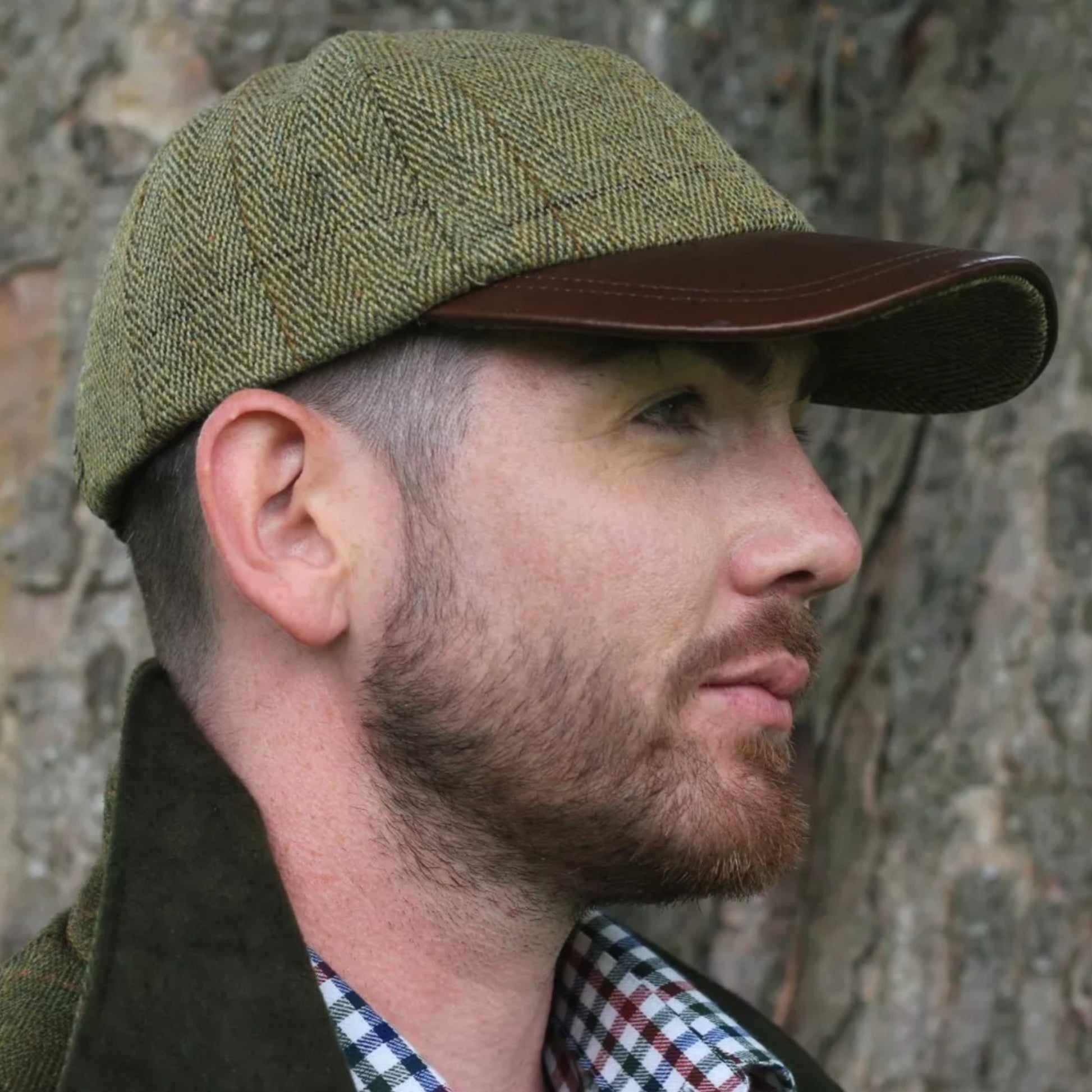 Nicky Adams Tweed Baseball Cap with Leather Peak Traditional Countrywear Hat Green Herringbone
