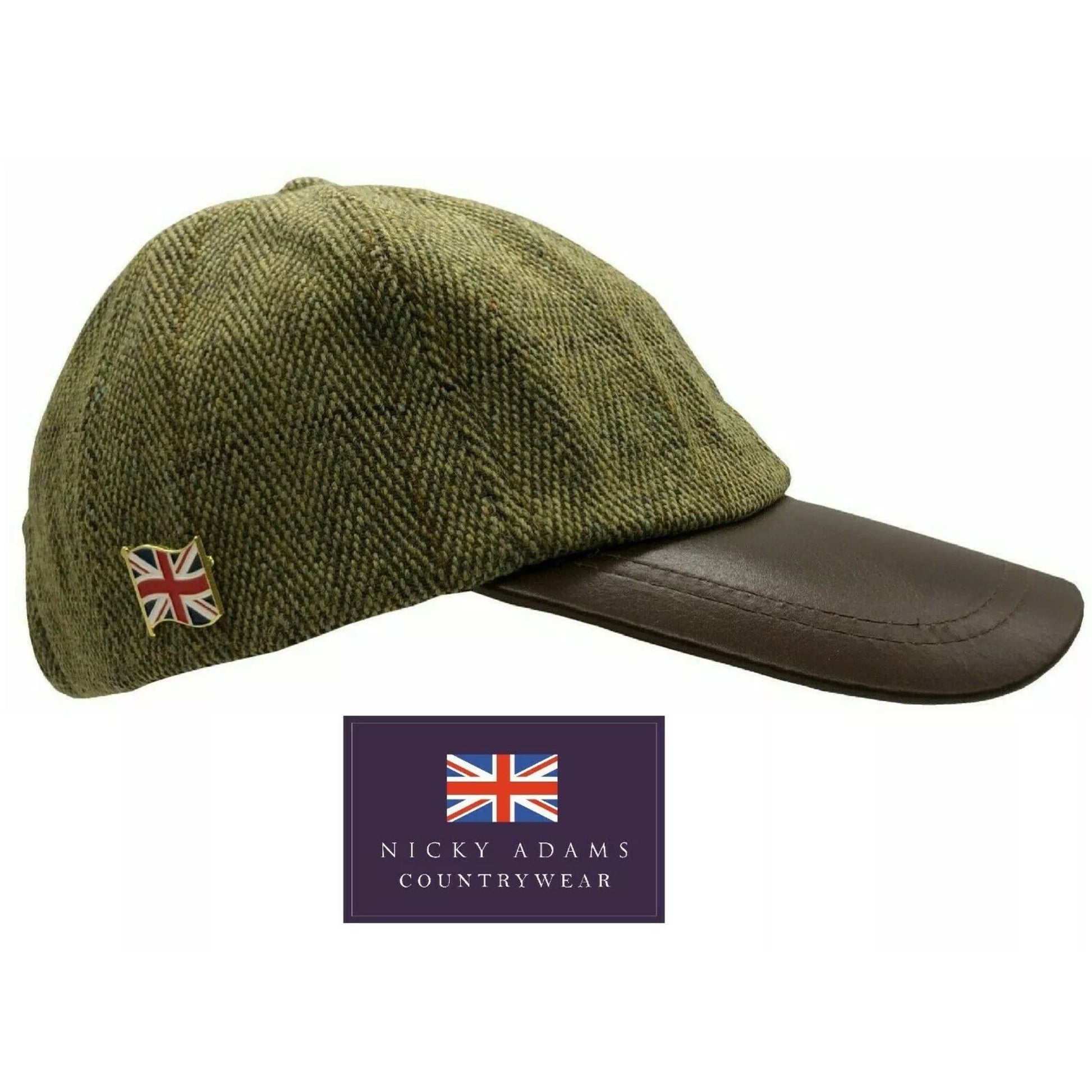 Nicky Adams Tweed Baseball Cap with Leather Peak Traditional Countrywear Hat Green Herringbone