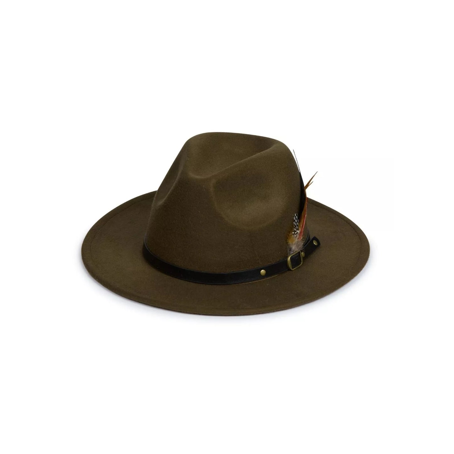 Nicky Adams unisex forest green wide brim fedora hat with black band and feather detail