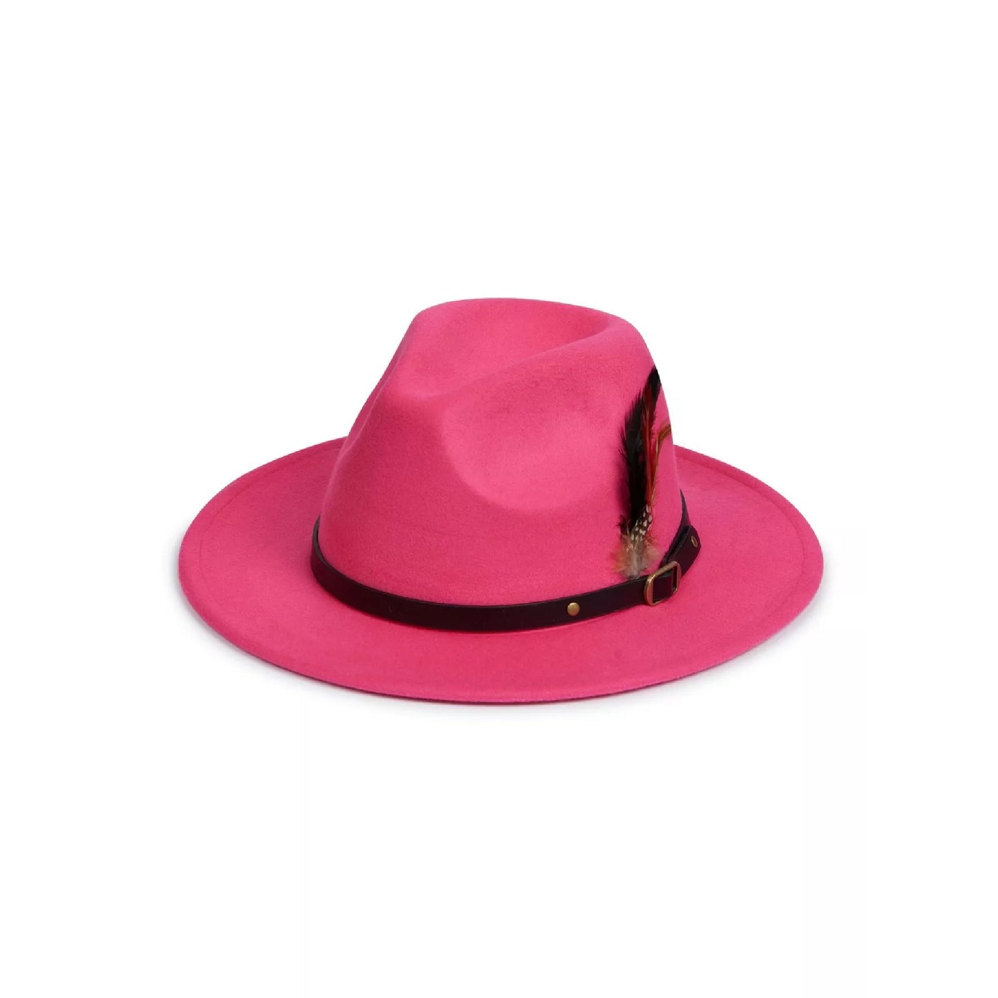 Nicky Adams unisex hot pink wide brim fedora hat with black band and feather detail