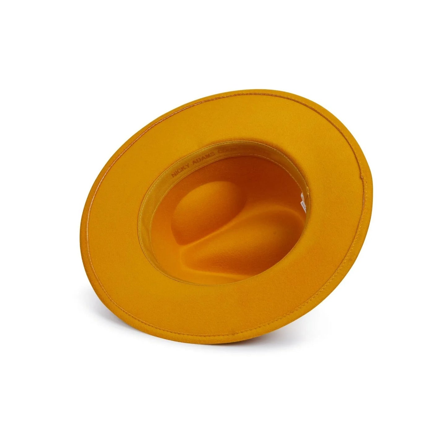 Nicky Adams unisex mustard yellow wide brim fedora hat with black band and feather detail