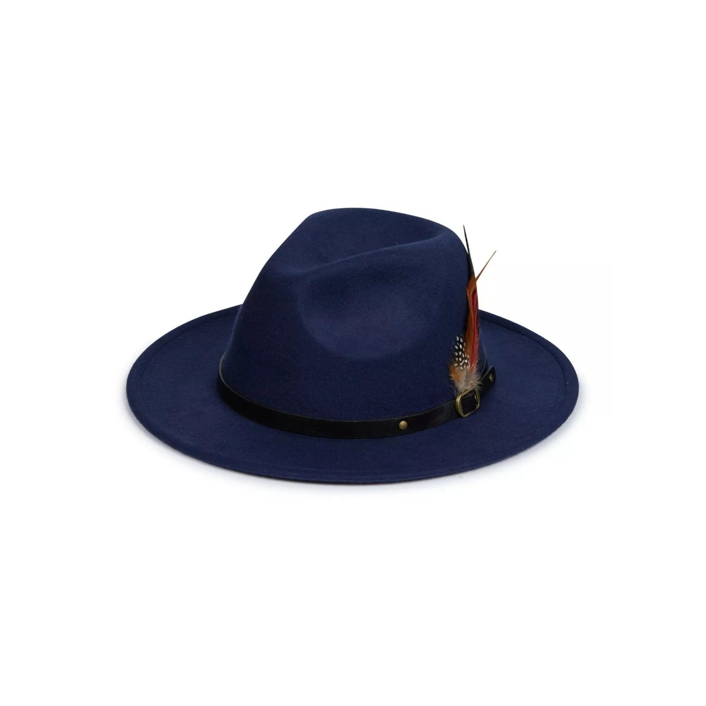 Nicky Adams unisex navy blue wide brim fedora hat with black band and feather detail