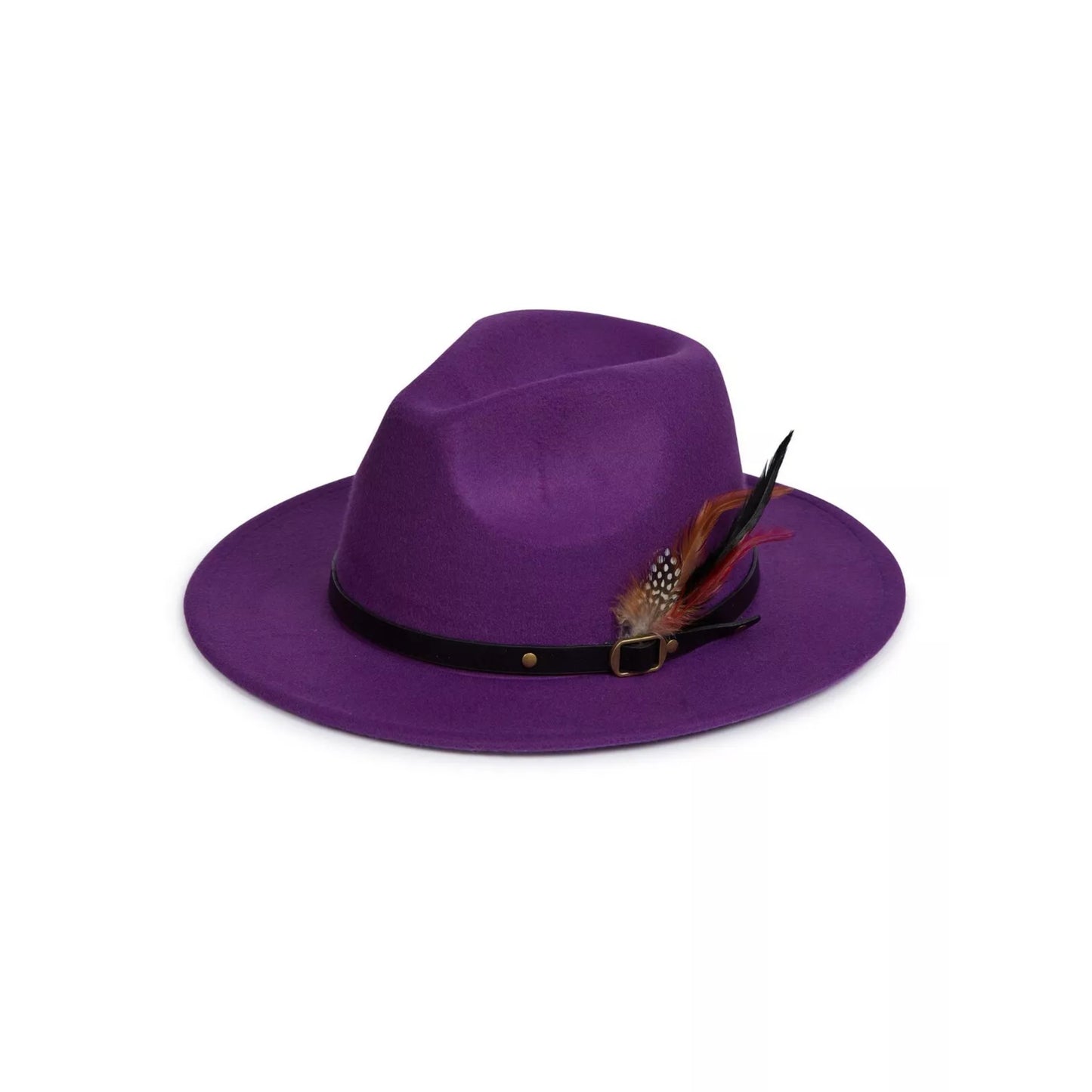 Nicky Adams unisex purple wide brim fedora hat with black band and feather detail
