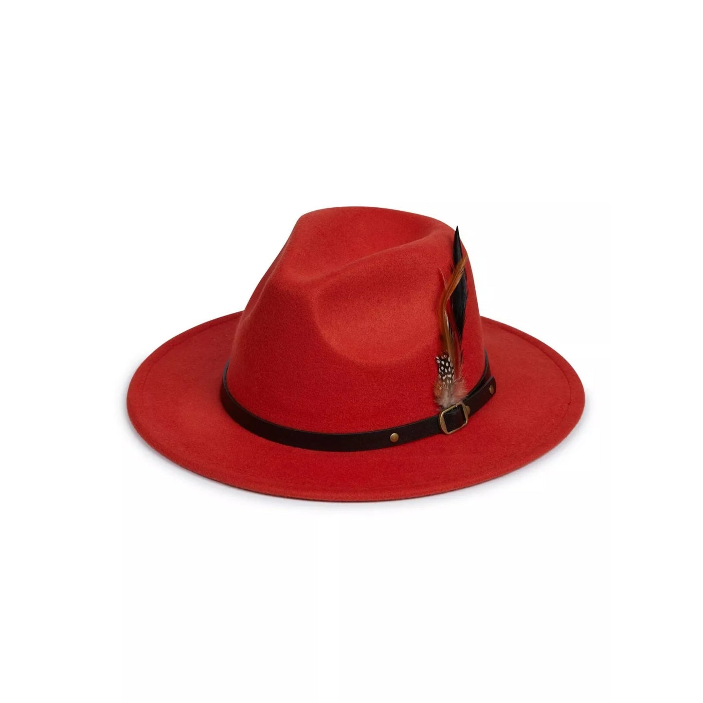 Nicky Adams unisex rust wide brim fedora hat with black band and feather detail