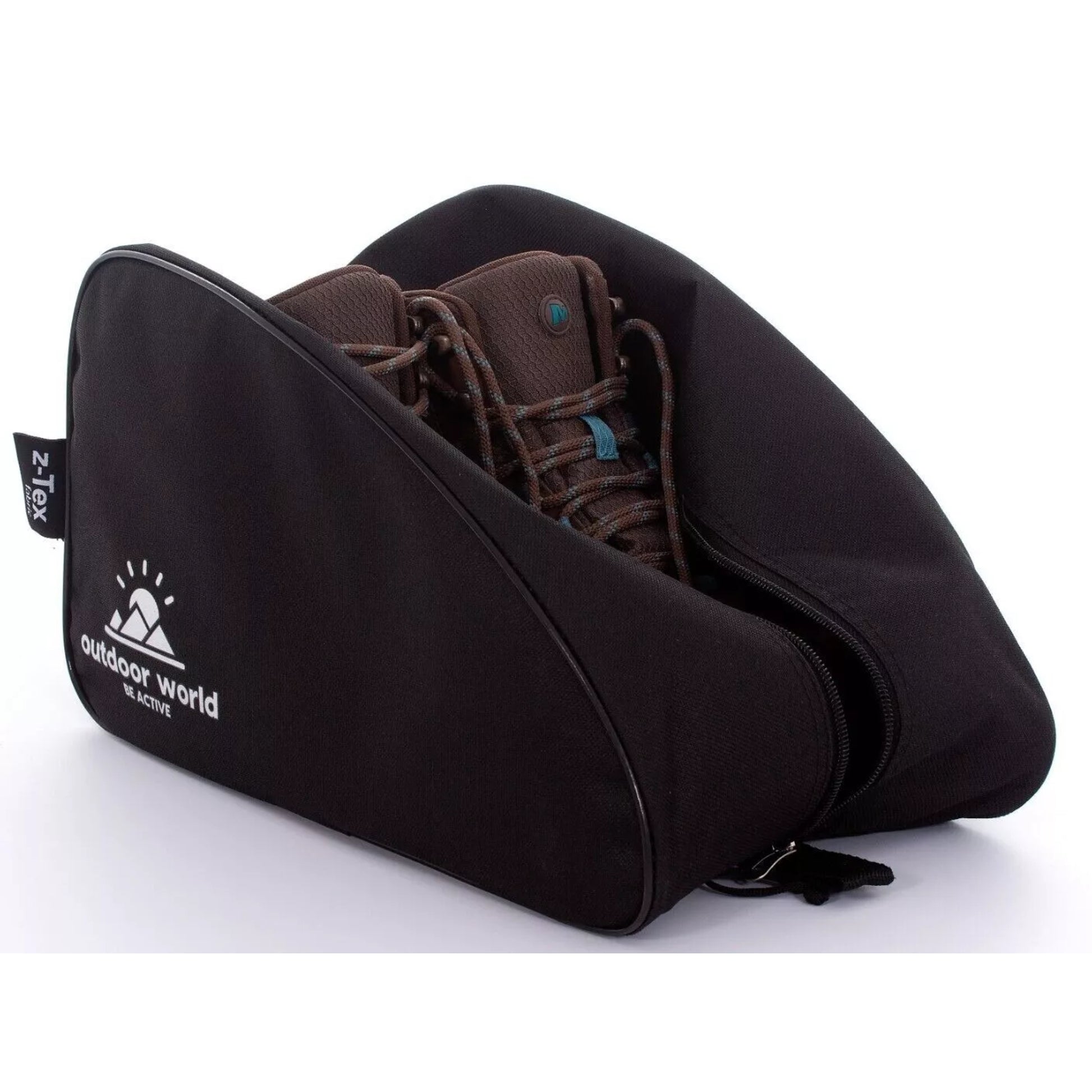 Outdoor World branded waterproof boot bag in black with 2-way zip, strong carry handle, and durable 600D fabric ā ideal for hiking, sports, and travel