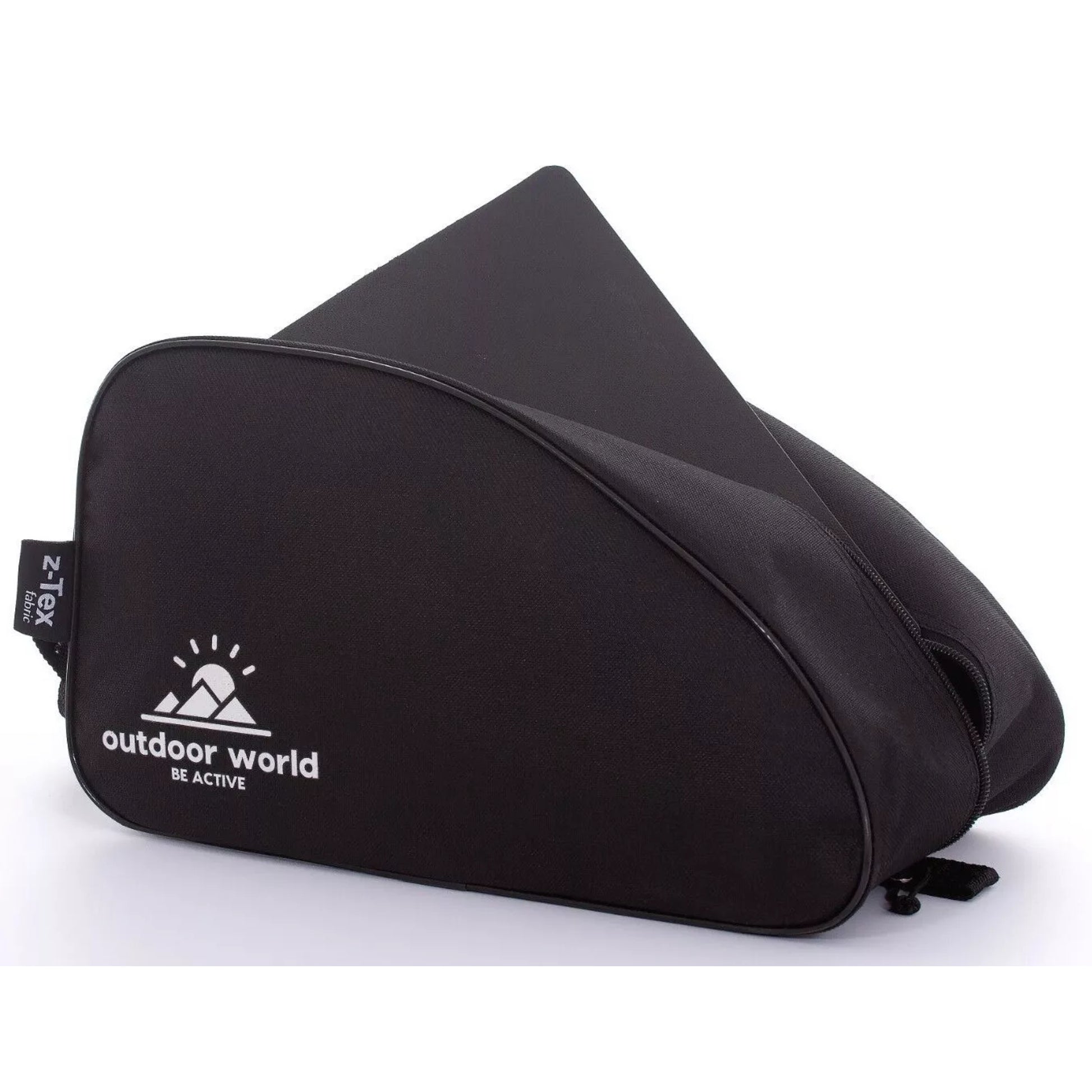 Outdoor World branded waterproof boot bag in black with 2-way zip, strong carry handle, and durable 600D fabric ā ideal for hiking, sports, and travel