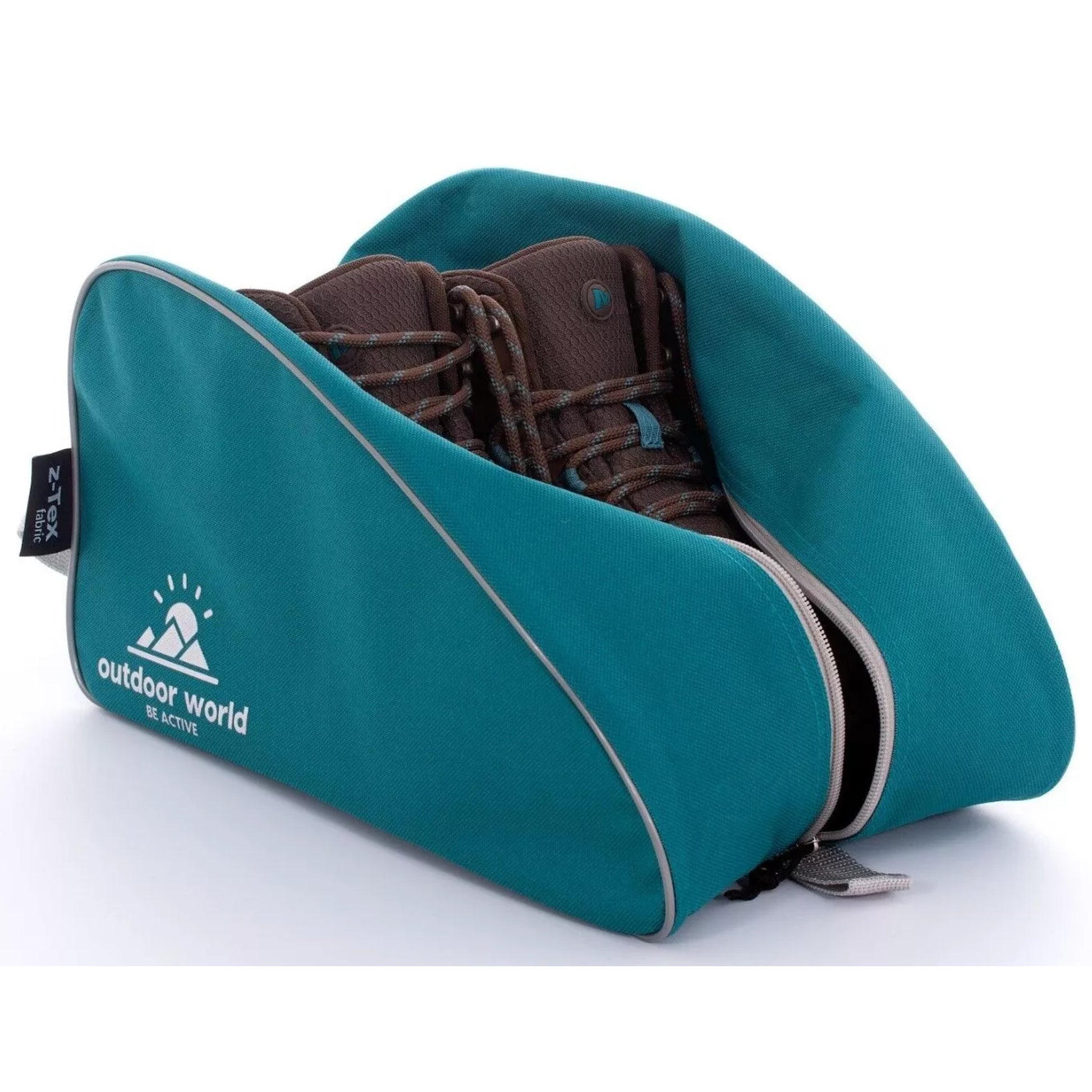 Outdoor World branded waterproof boot bag in teal with 2-way zip, strong carry handle, and durable 600D fabric ā ideal for hiking, sports, and travel