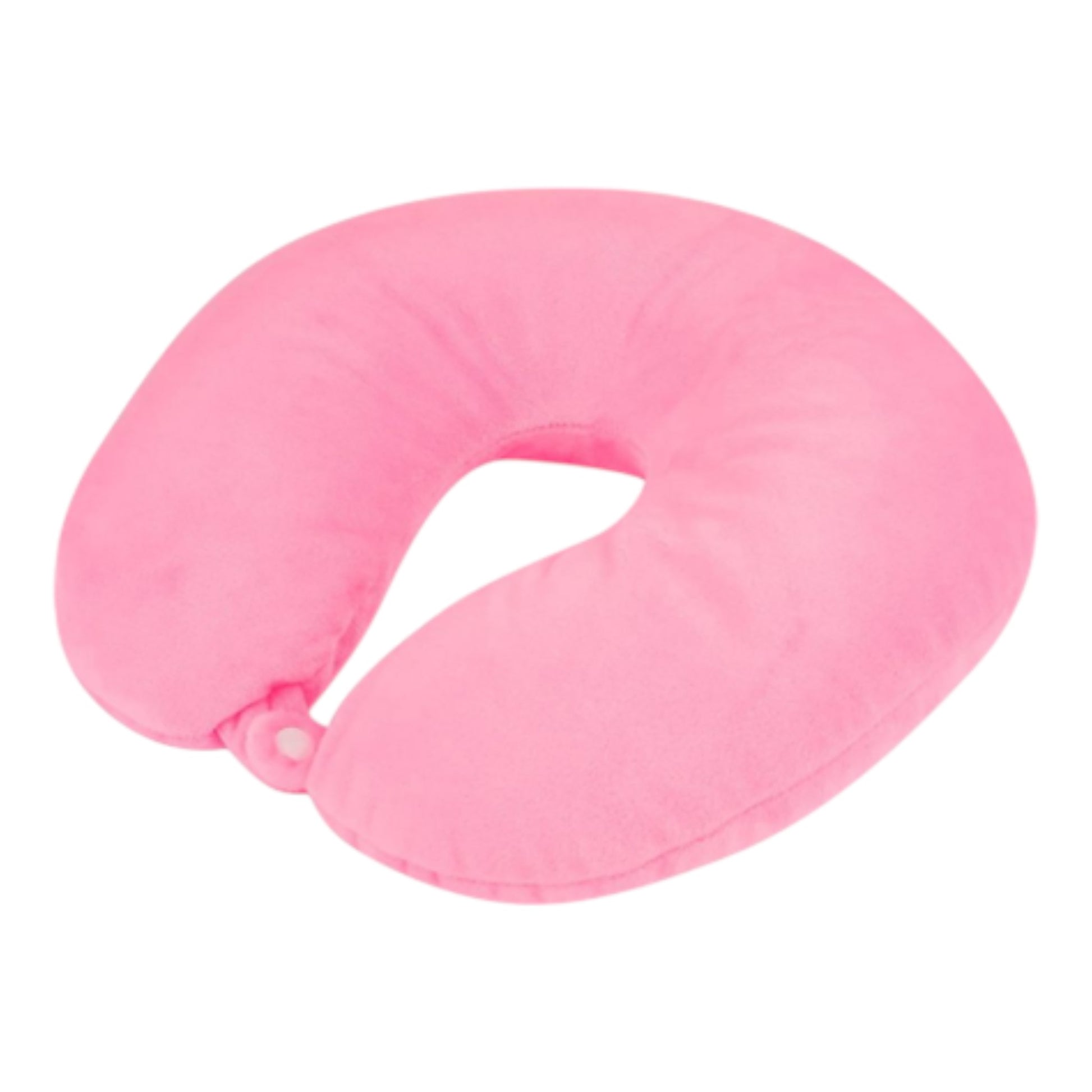 Soft memory foam travel neck pillows in pink – U-shaped ergonomic design with button clasp for support and comfort on flights and long journeys