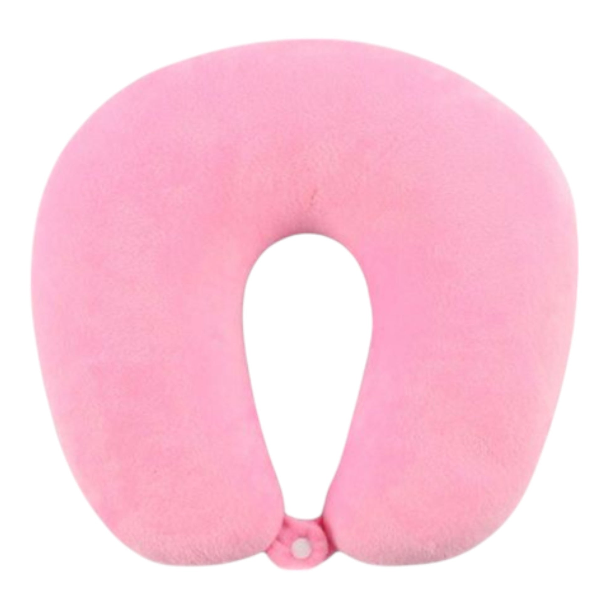 Soft memory foam travel neck pillows in pink – U-shaped ergonomic design with button clasp for support and comfort on flights and long journeys
