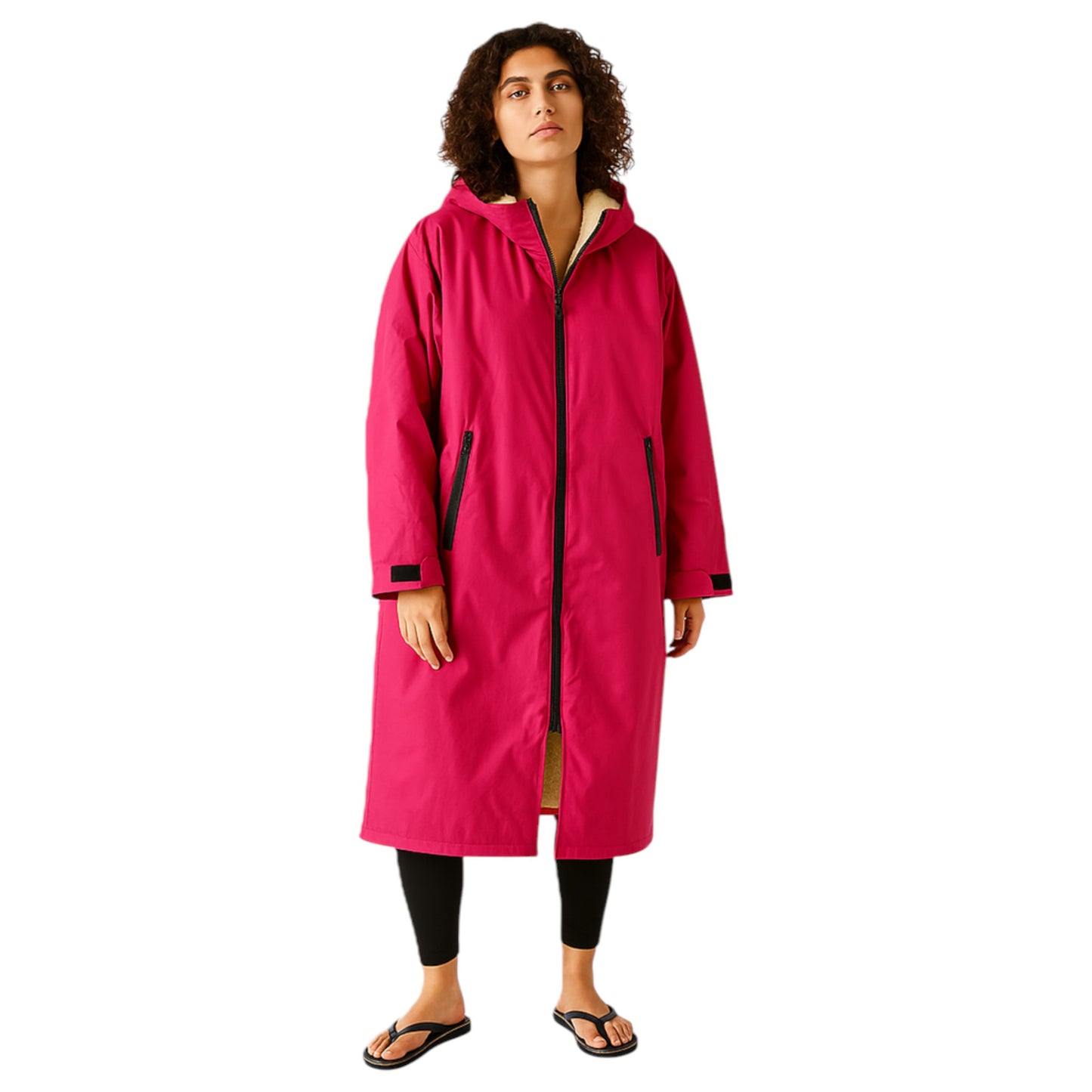 Adult navy waterproof changing robe with hood, front zip, and long sleeves