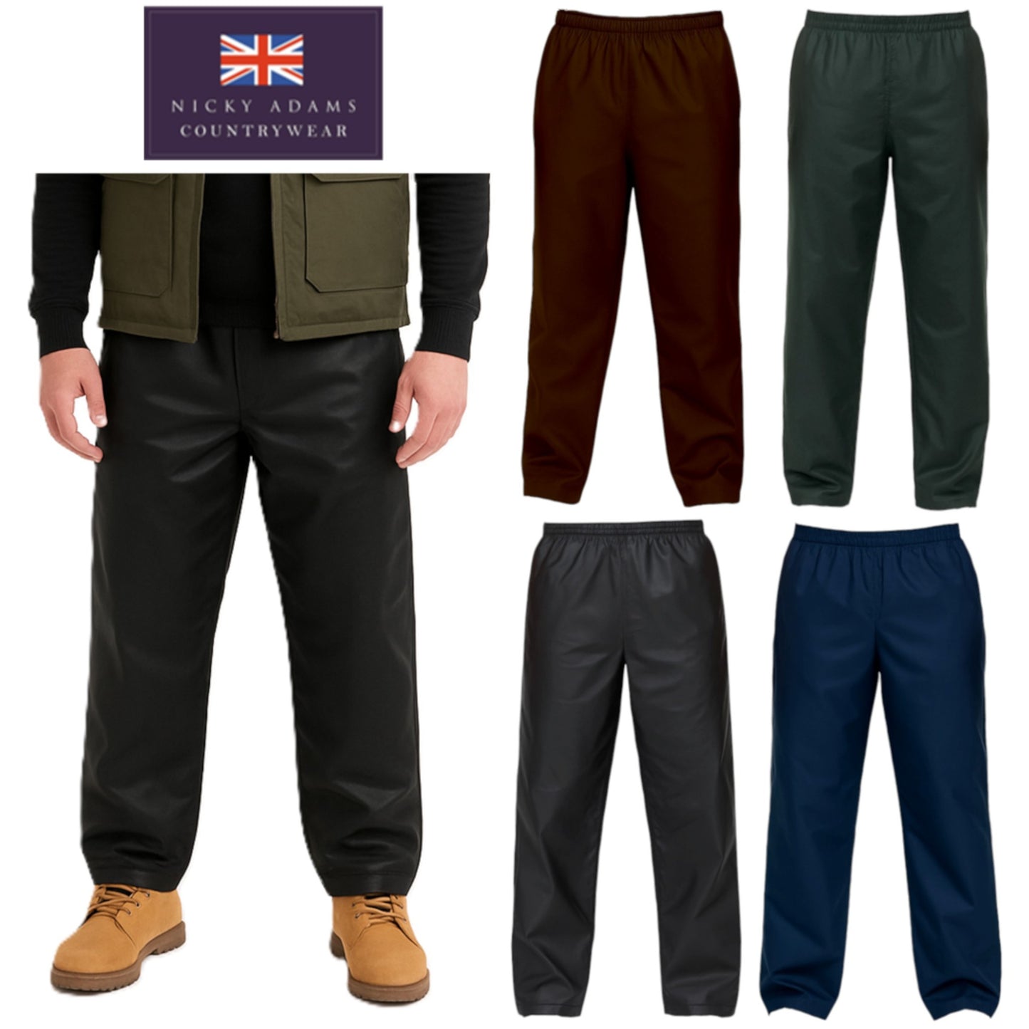 Men's waxed overtrousers in black, brown, green and navy by Nicky Adams Countrywear – waterproof wax cotton pants with elastic waist for outdoor and country wear