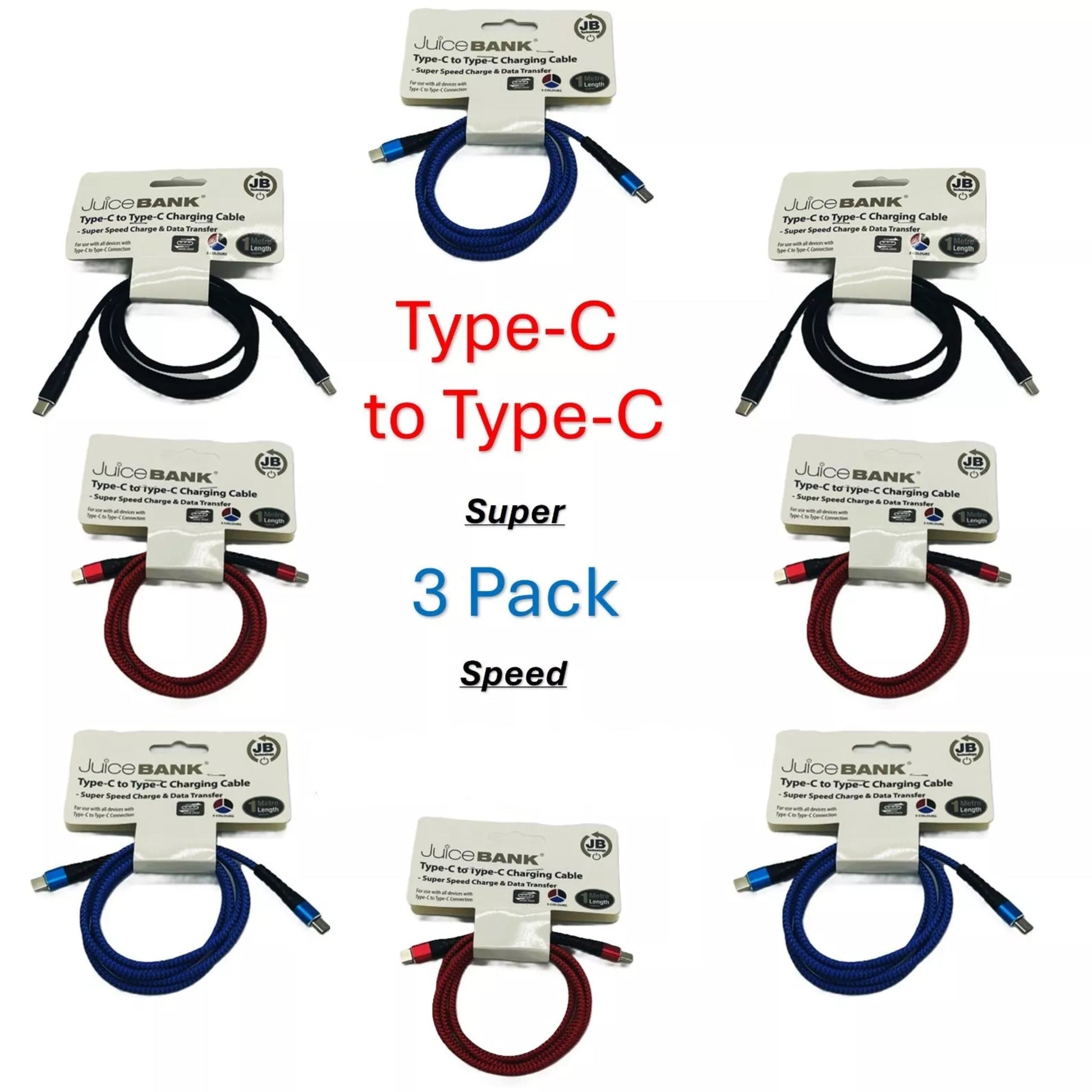 JuiceBank 3 pack USB Type-C to Type-C braided charging cables ā fast charge and data transfer for compatible Android devices, tablets, and laptops