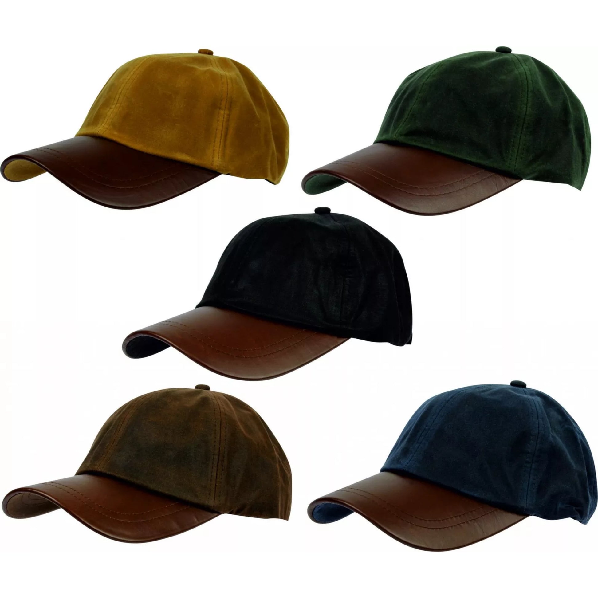 Men's wax baseball cap with brown leather peak, water-resistant outdoor hat in olive, tan, black, brown and navy
