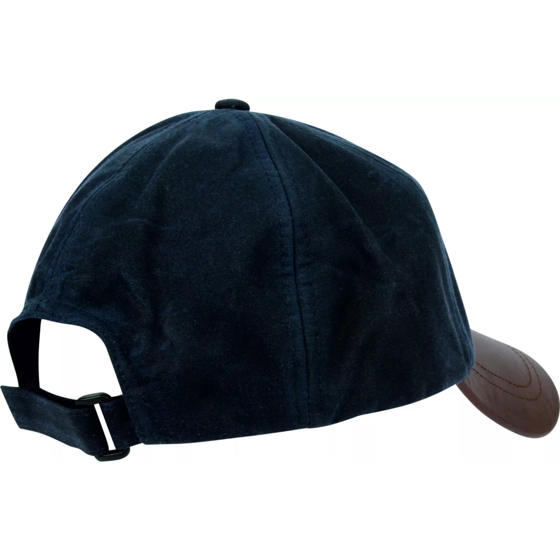 Men's wax baseball cap with brown leather peak, water-resistant outdoor hat in navy