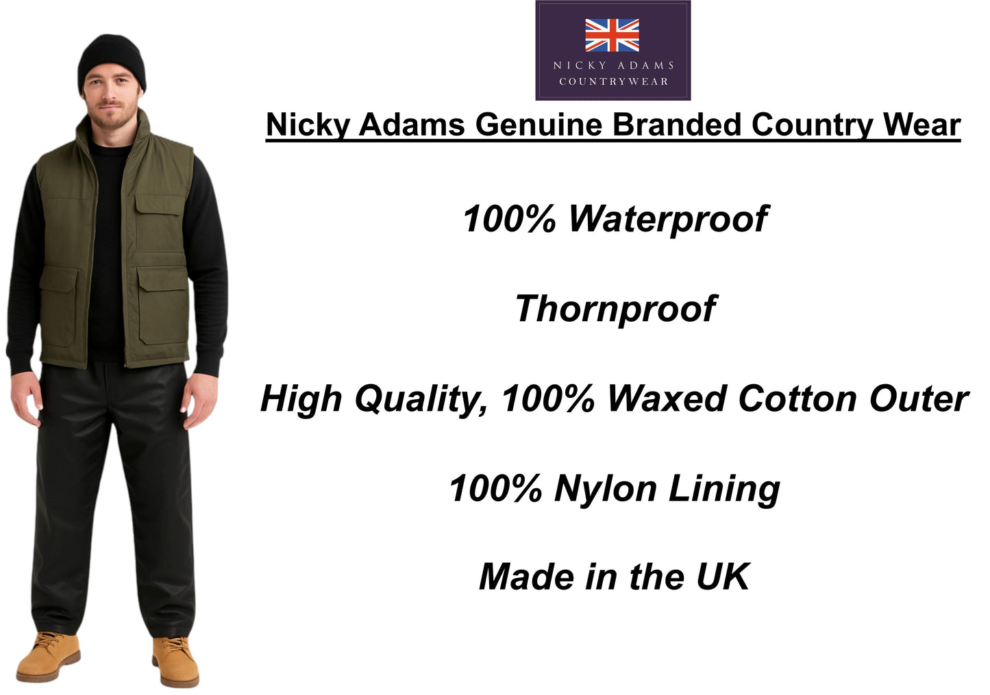 Men's waxed overtrousers in black, brown, green and navy by Nicky Adams Countrywear – waterproof wax cotton pants with elastic waist for outdoor and country wear