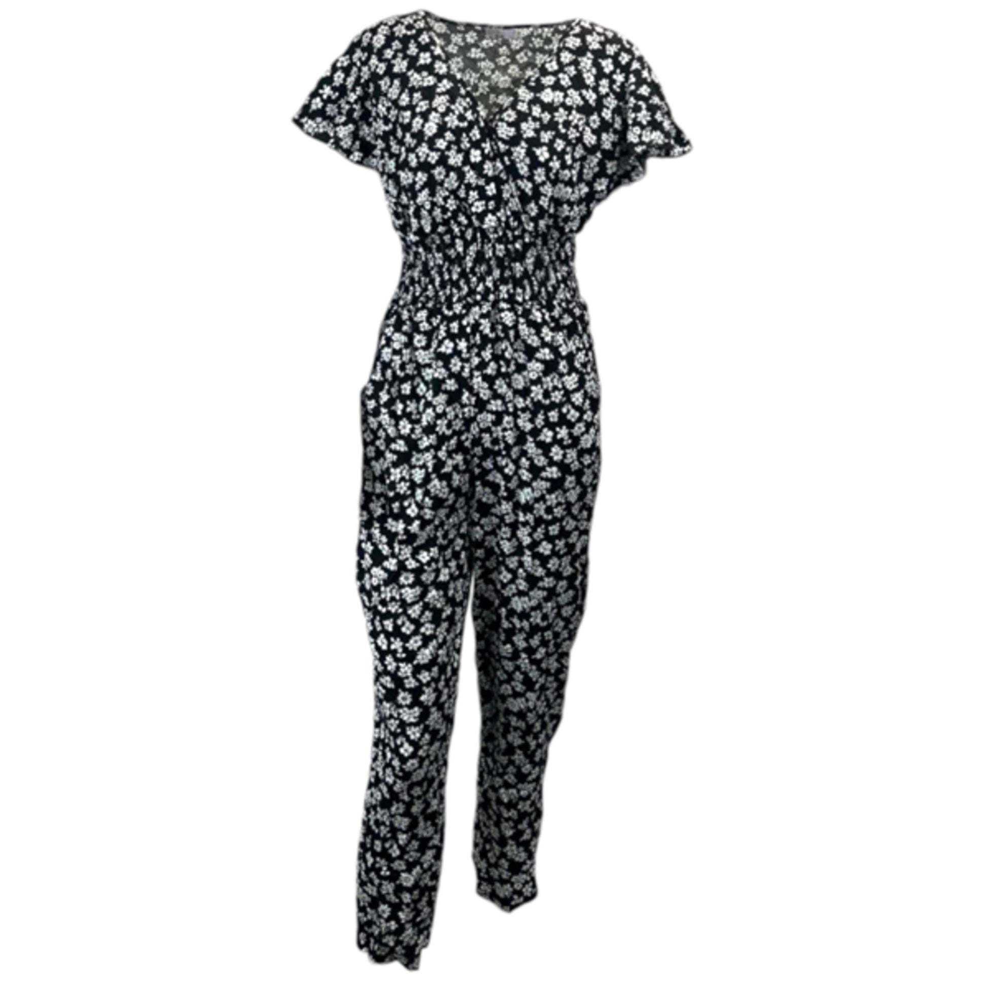 Women's floral print jumpsuit in black with short sleeves and shirred waist